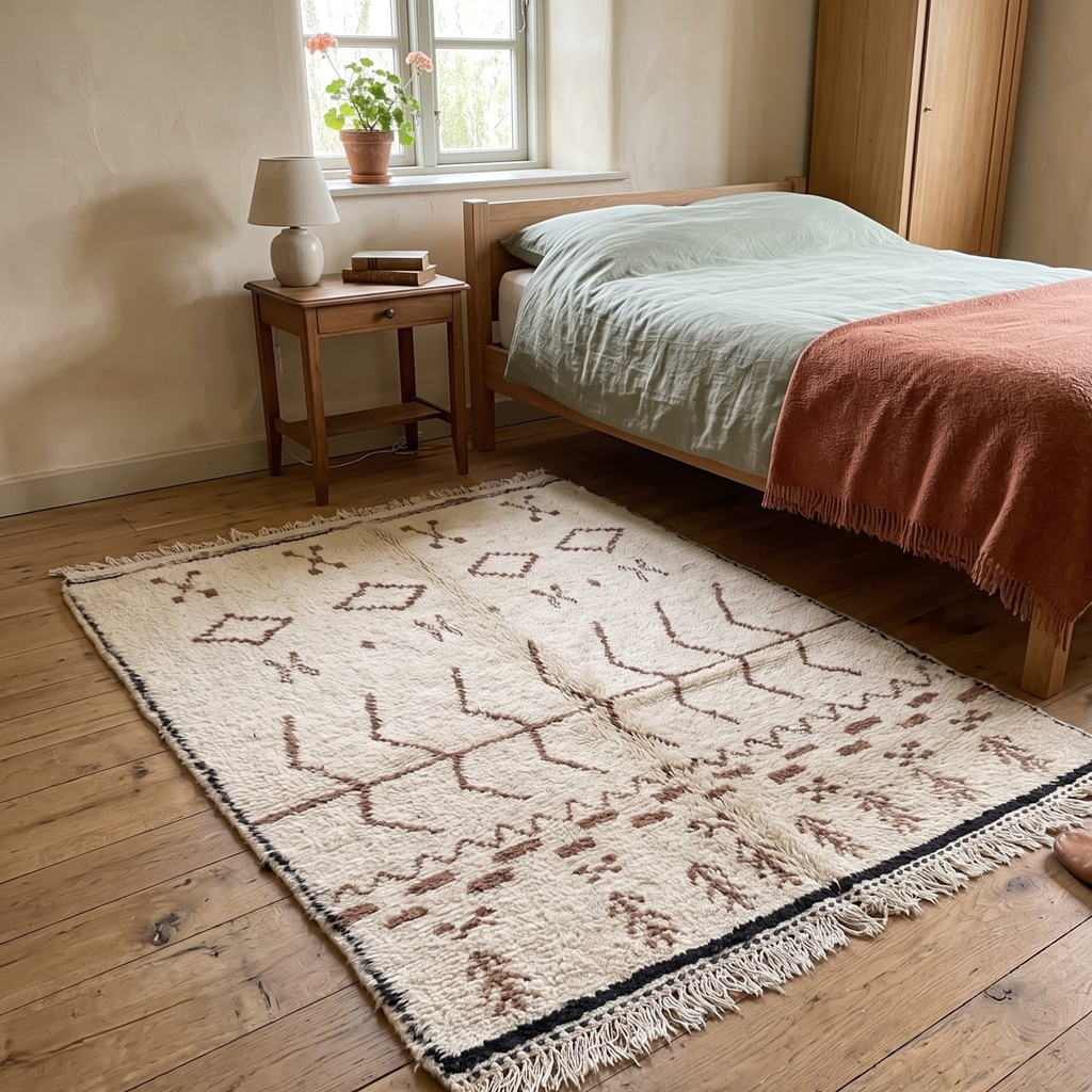 Handmade Moroccan Beni Ourain Wool Rug – Ivory Shag with Brown Tribal Talismans