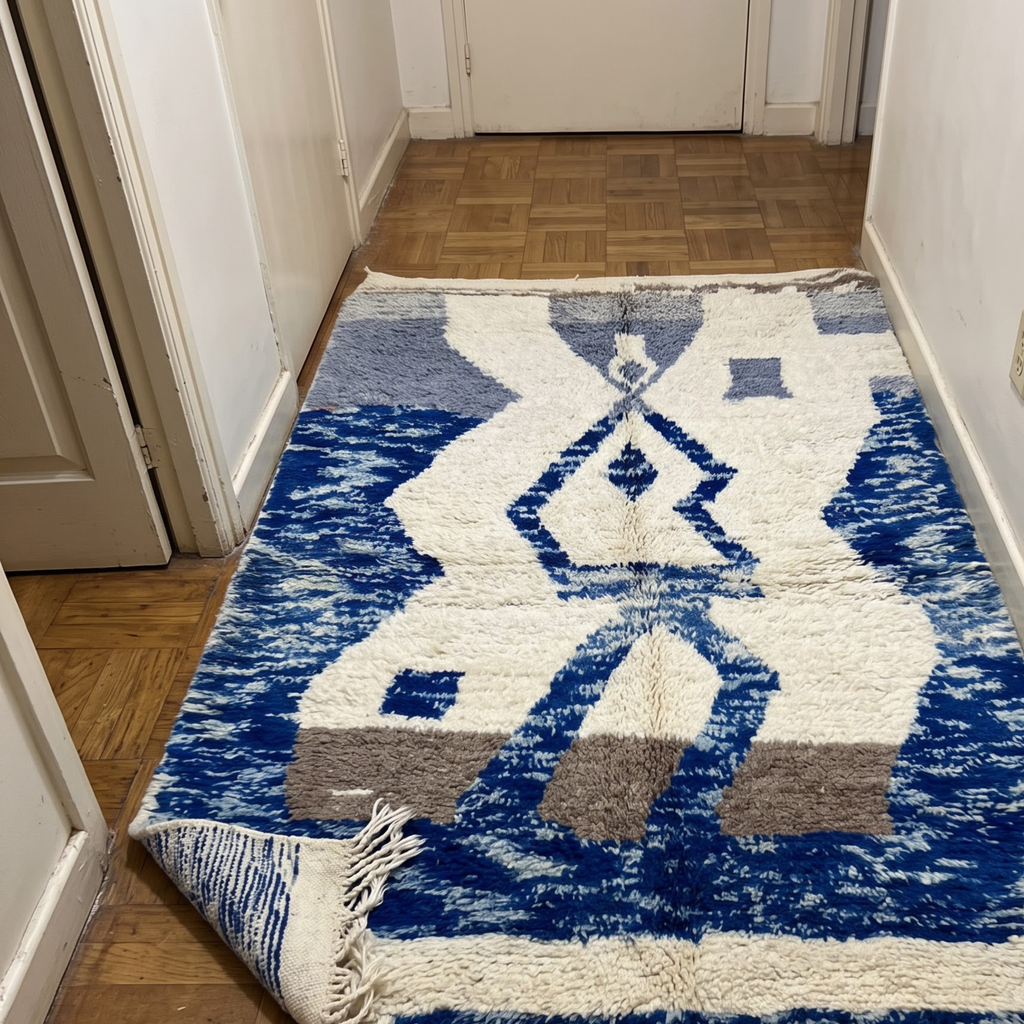 Handmade Moroccan Wool Rug – Indigo Blue & Ivory Abstract Sculptural Shag Rug