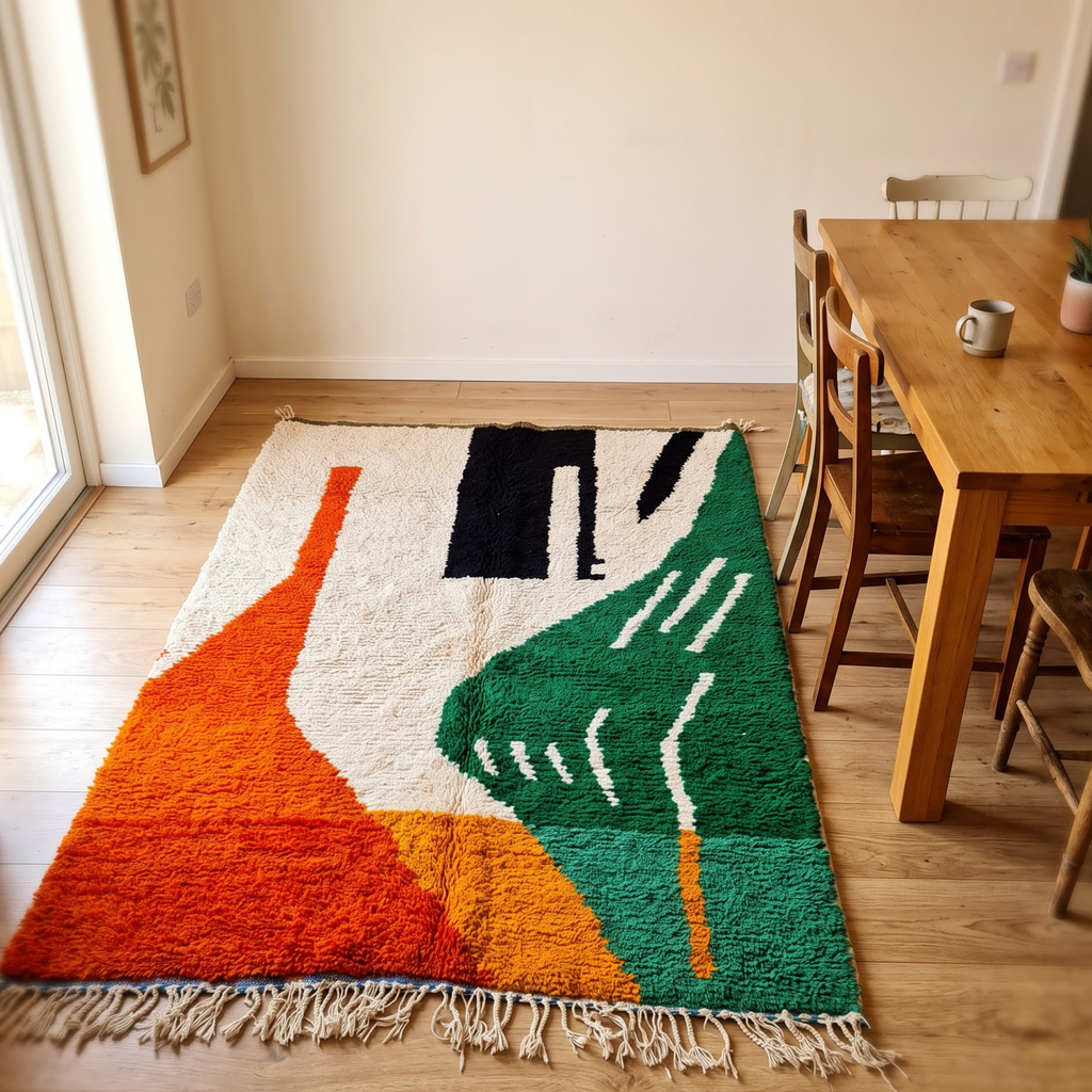 Handmade Moroccan Azilal Wool Rug – Emerald Green, Terracotta & Black Abstract Shag Rug