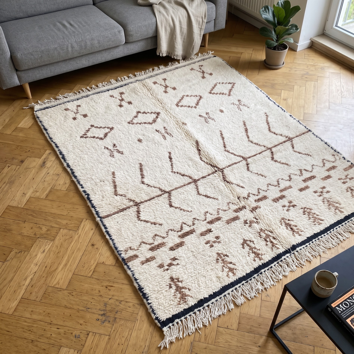 Handmade Moroccan Beni Ourain Wool Rug – Ivory Shag with Brown Tribal Talismans