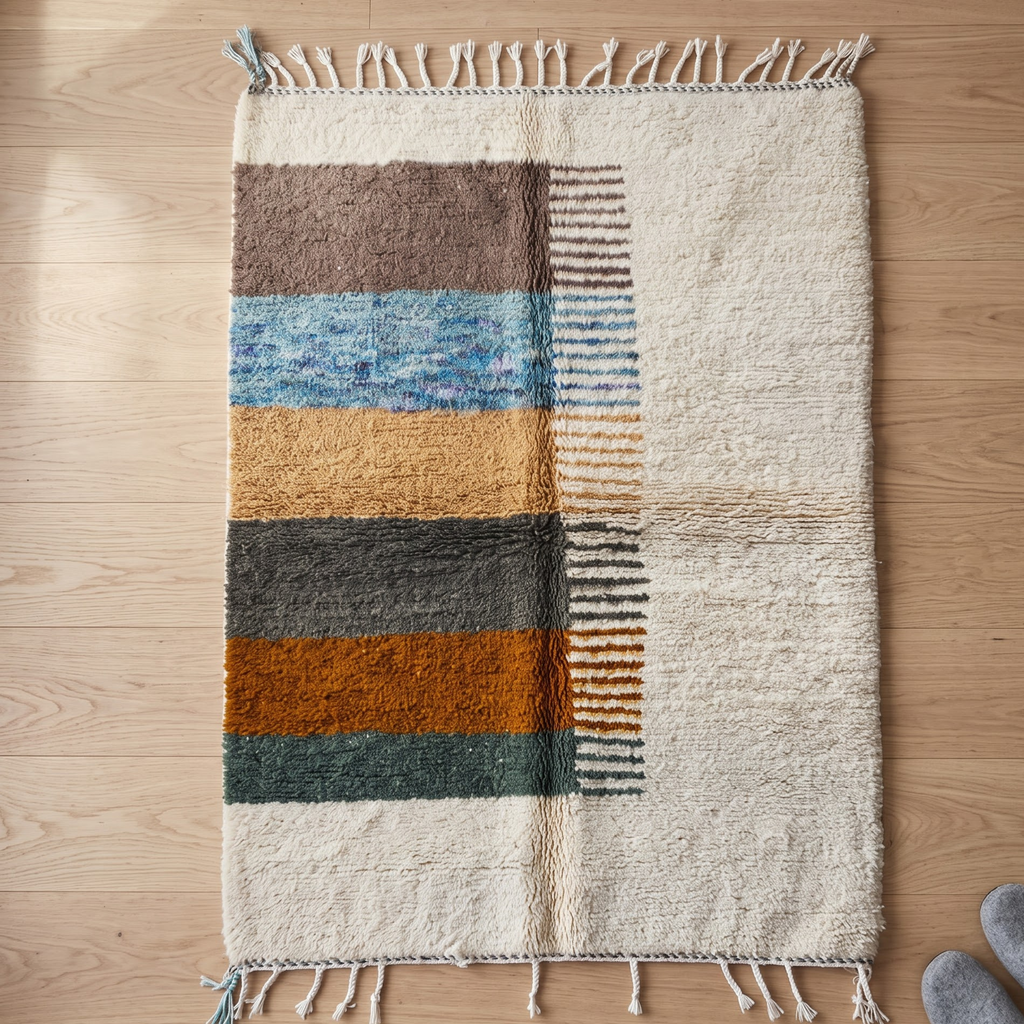 Hand-Knotted Moroccan Area Rug in Natural Cream with Striped Earth Panel