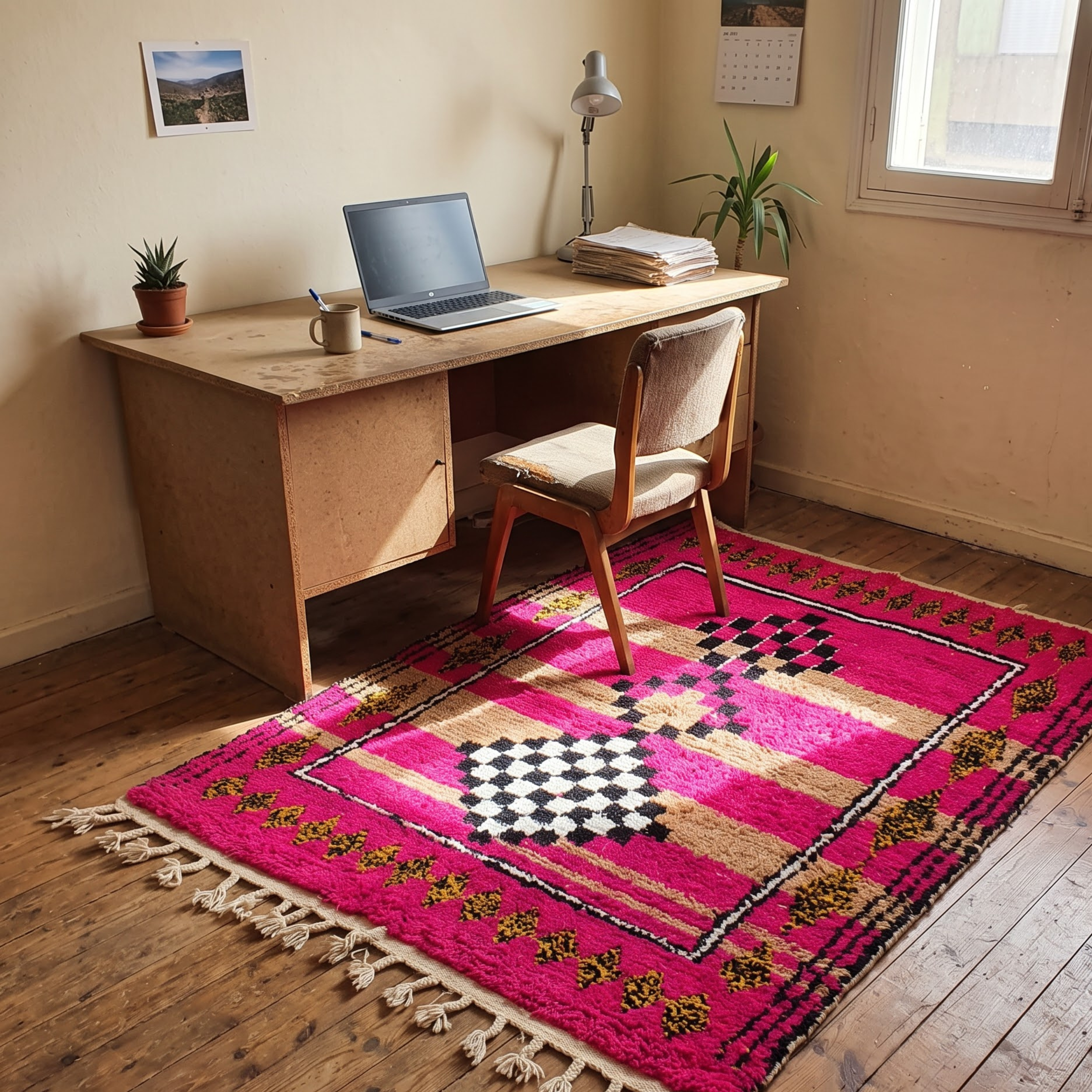 Handmade Moroccan Azilal Wool Rug – Hot Pink & Sand Checkerboard Totem Shag Rug