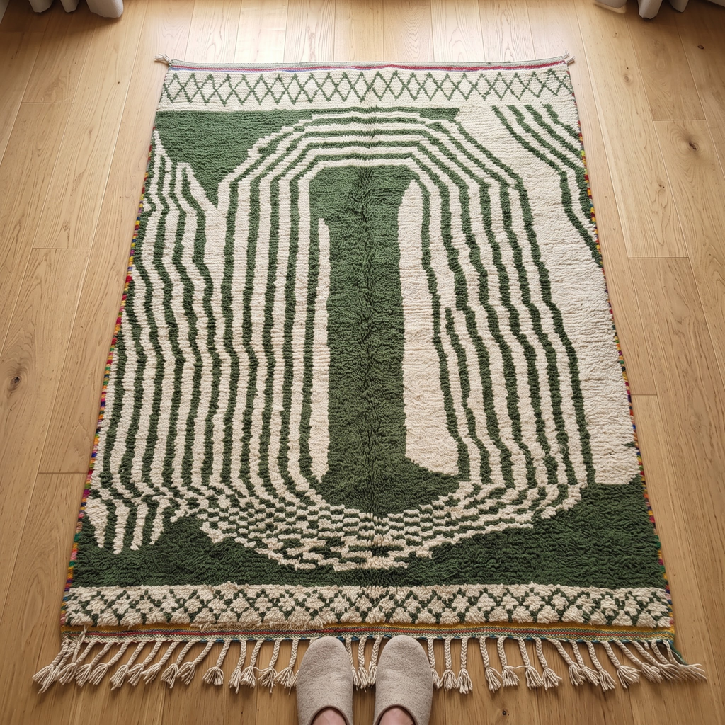 Handmade Moroccan Olive Green & Ivory Wool Rug – Architectural Arch & Wave Shag Rug
