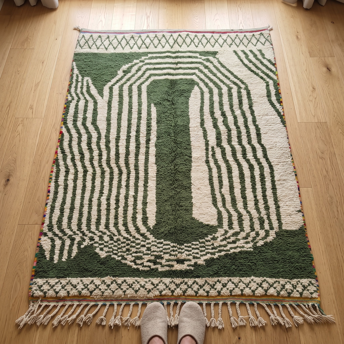 Handmade Moroccan Olive Green & Ivory Wool Rug – Architectural Arch & Wave Shag Rug