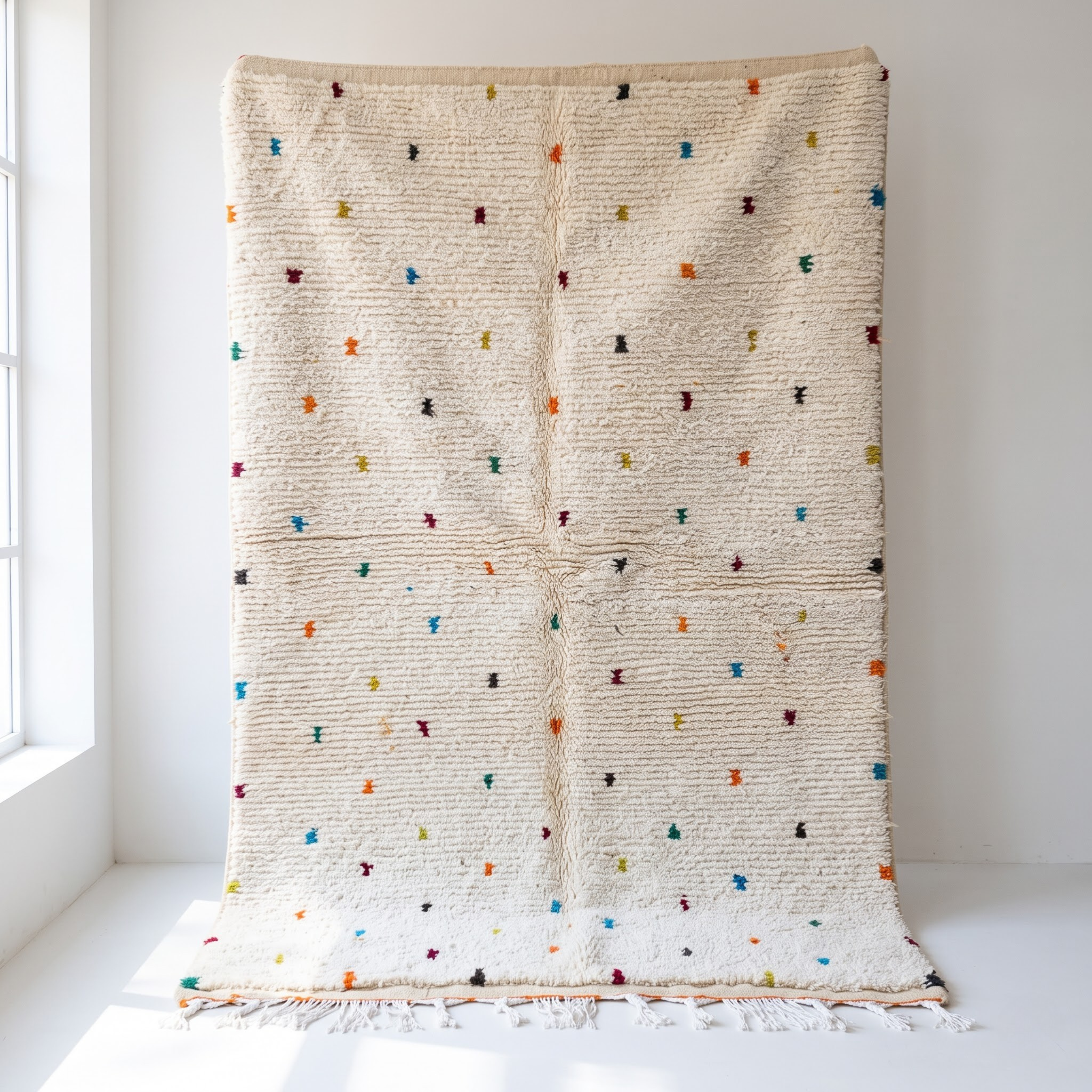 Handmade Moroccan Beni Ourain Wool Rug – Ivory Shag with Multicolor Confetti Polka Dots