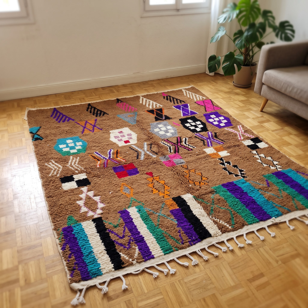 Handmade Moroccan Azilal Wool Rug – Cocoa Brown Shag with Multicolor Tribal Symbols