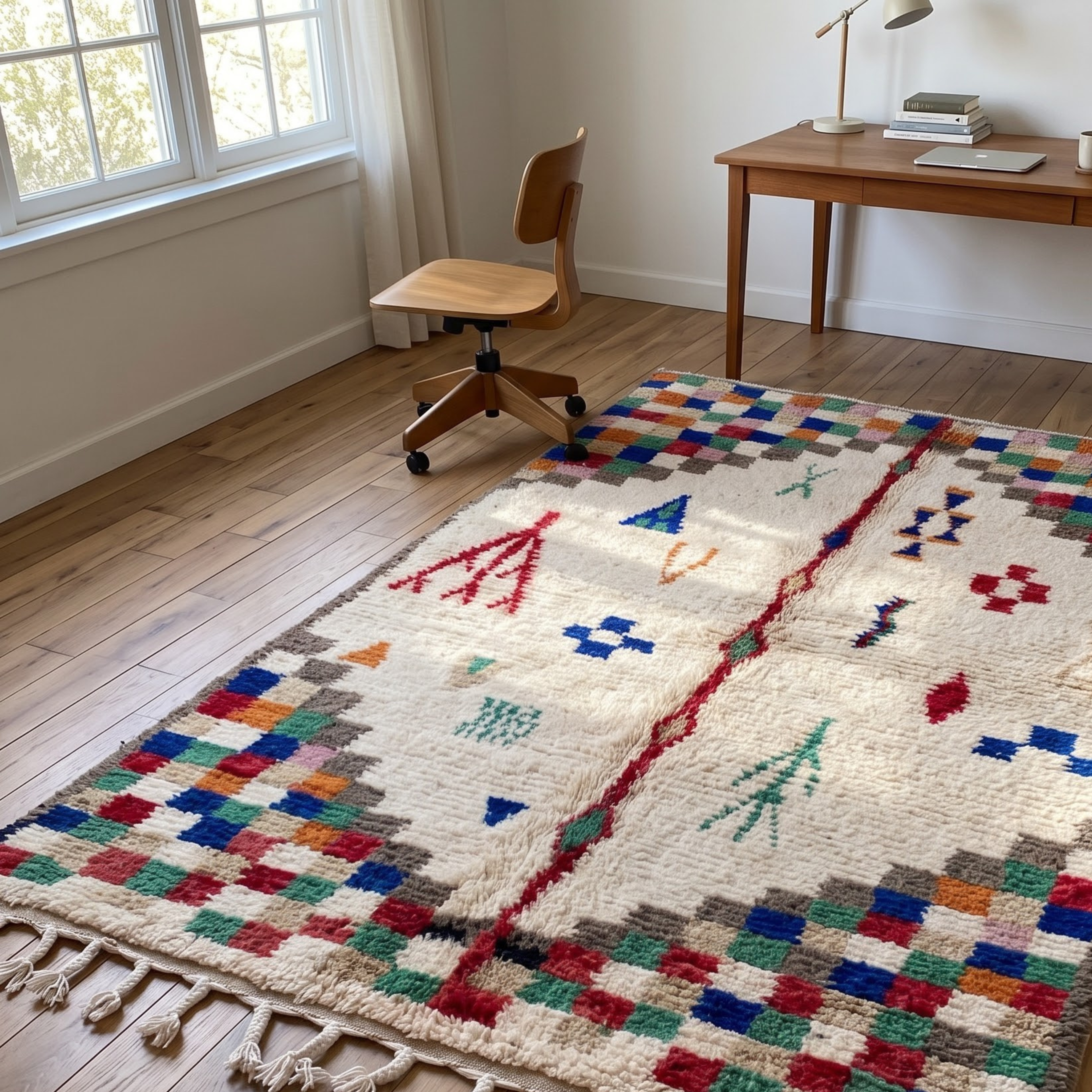 Handmade Moroccan Azilal Wool Rug – Cream Shag with Multicolor Pixel Checkerboard