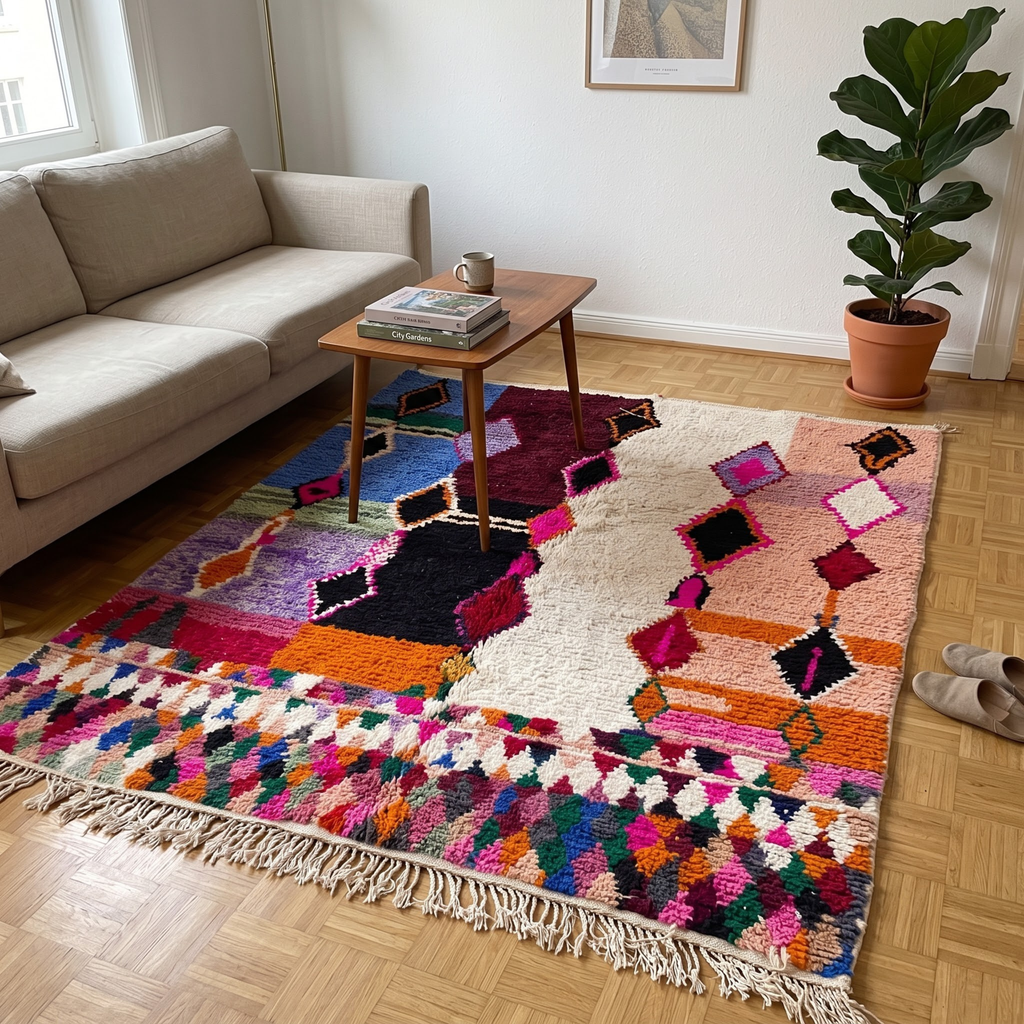 Handmade Moroccan Azilal Wool Rug – Pastel & Jewel Tone Color-Block Shag Rug