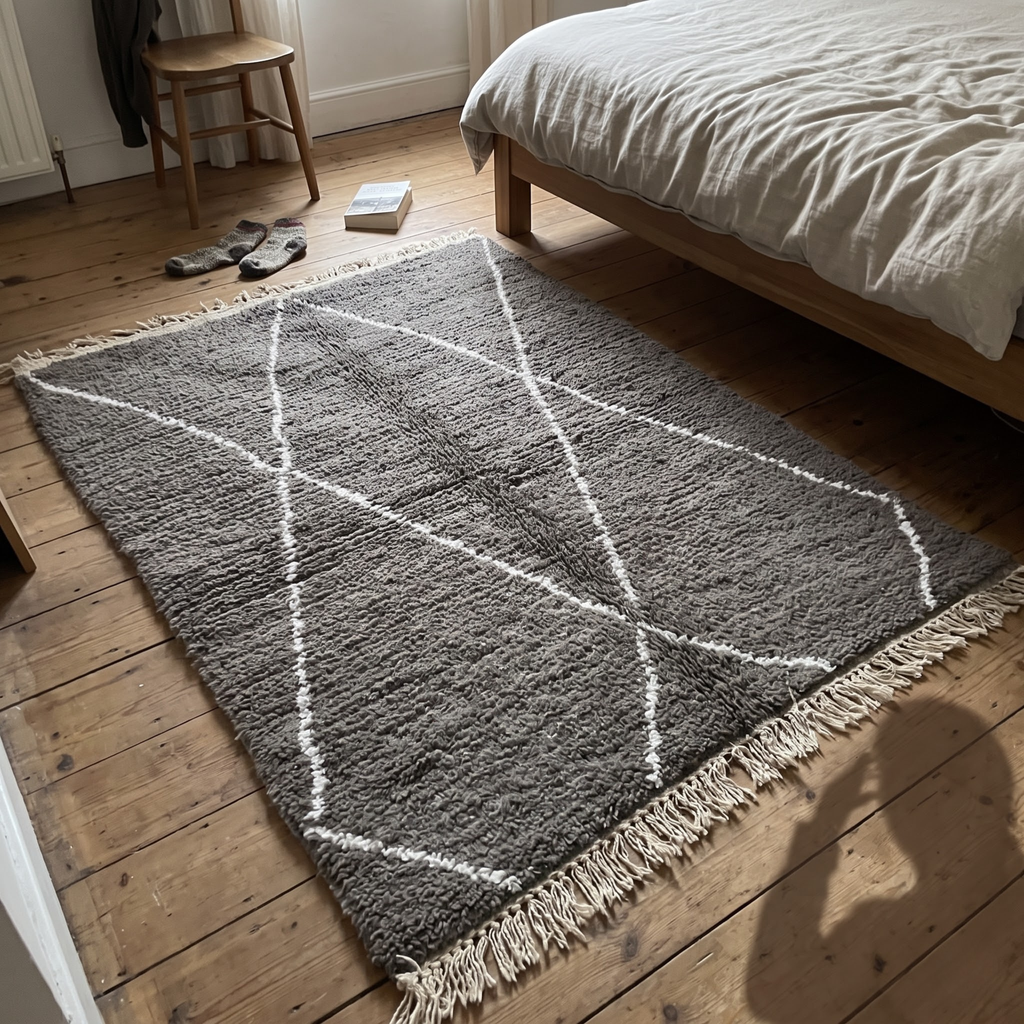 Handmade Moroccan Beni Ourain Rug – Charcoal Gray & White Diamond Shag Wool Rug