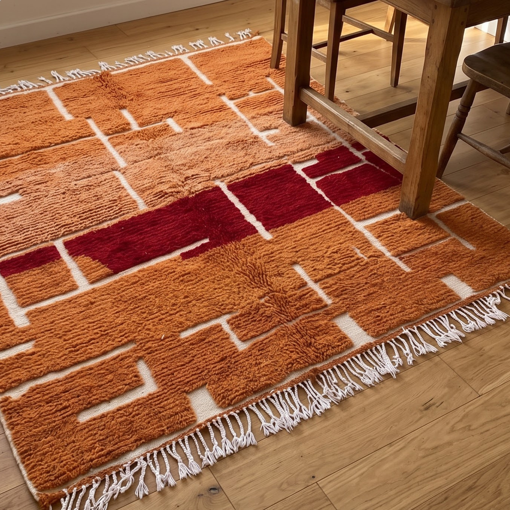 Handmade Moroccan Wool Rug – Terracotta, Ochre & Brick Red Geometric Block Shag Rug