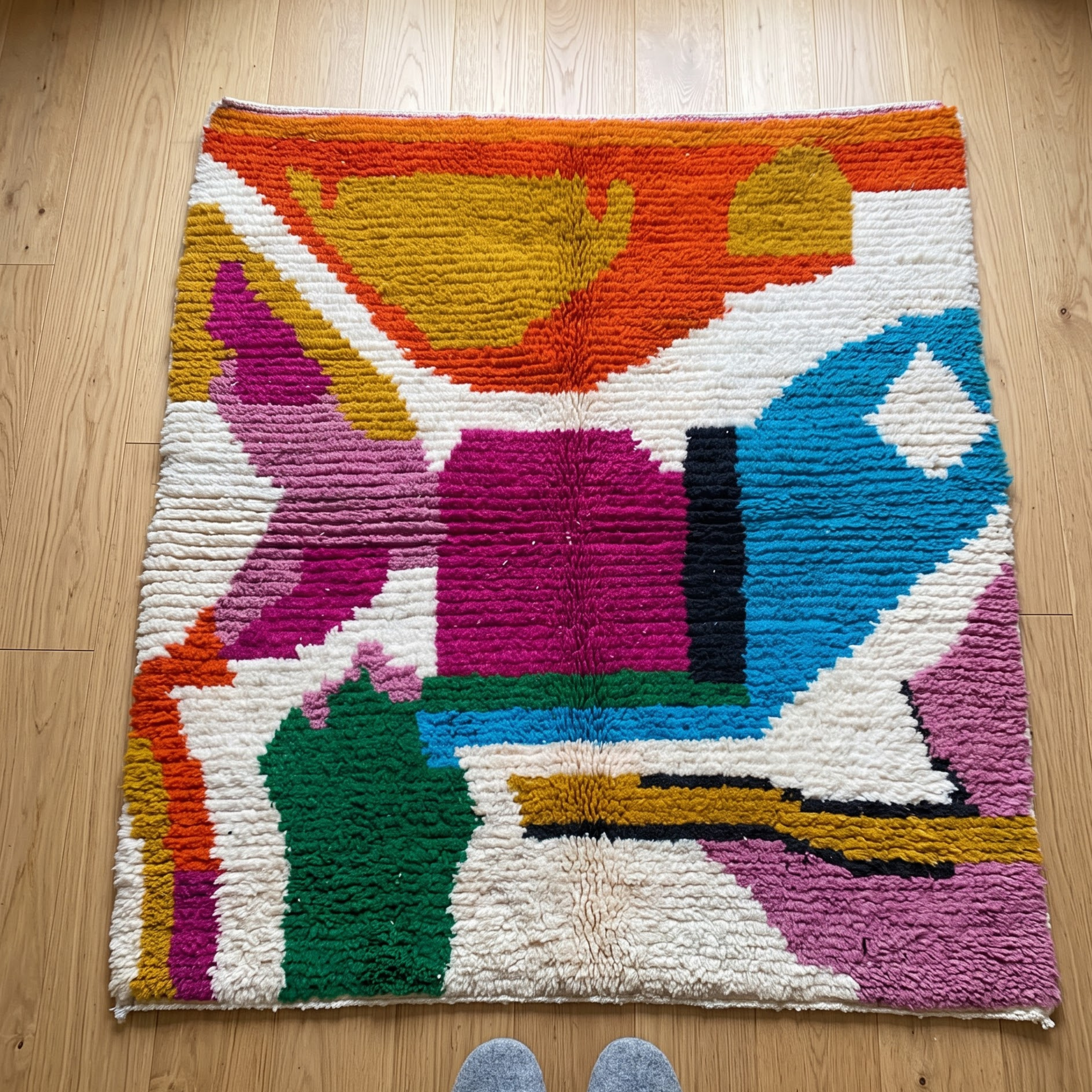 Handmade Moroccan Azilal Wool Rug – Vibrant Abstract Modernist Shag Rug