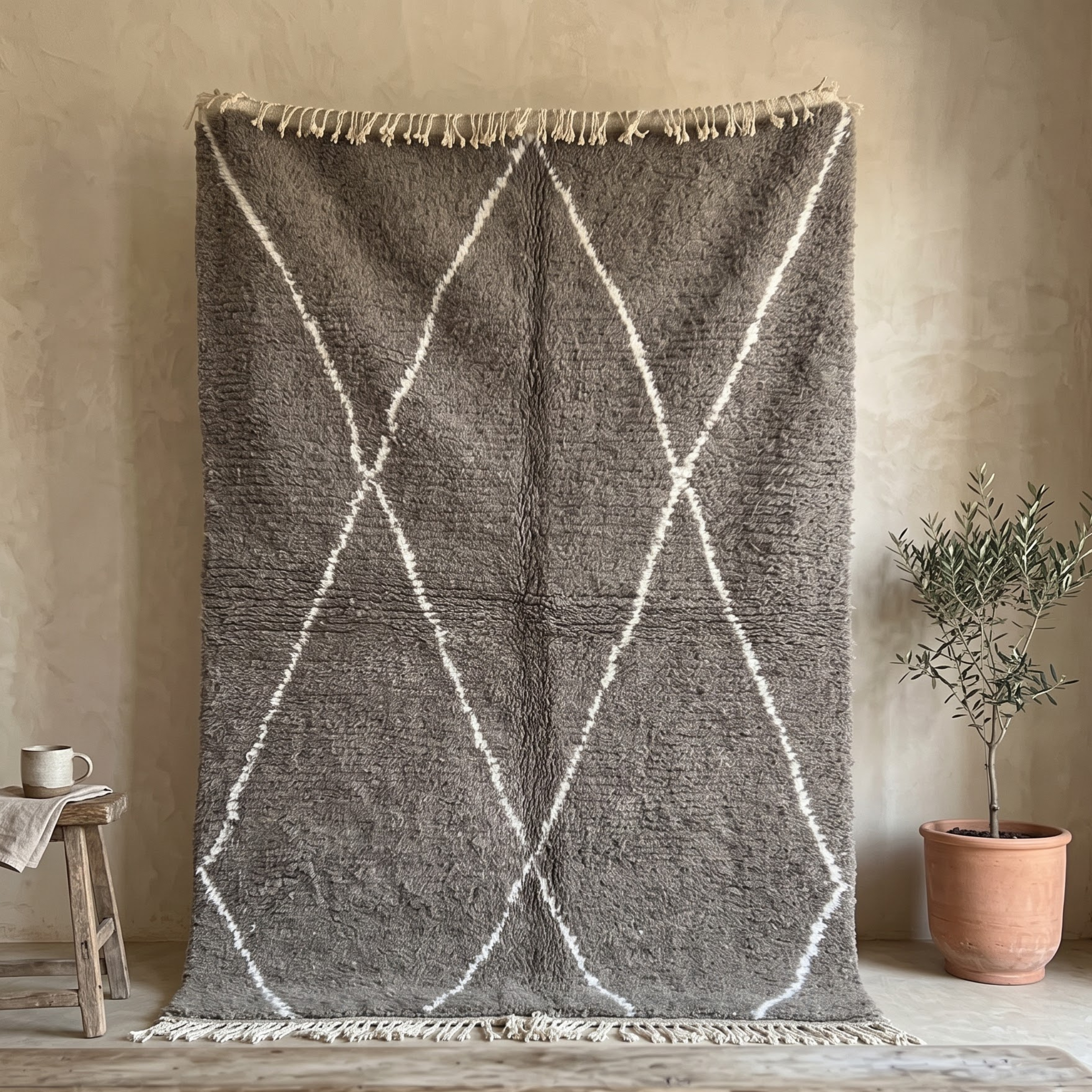 Handmade Moroccan Beni Ourain Rug – Charcoal Gray & White Diamond Shag Wool Rug