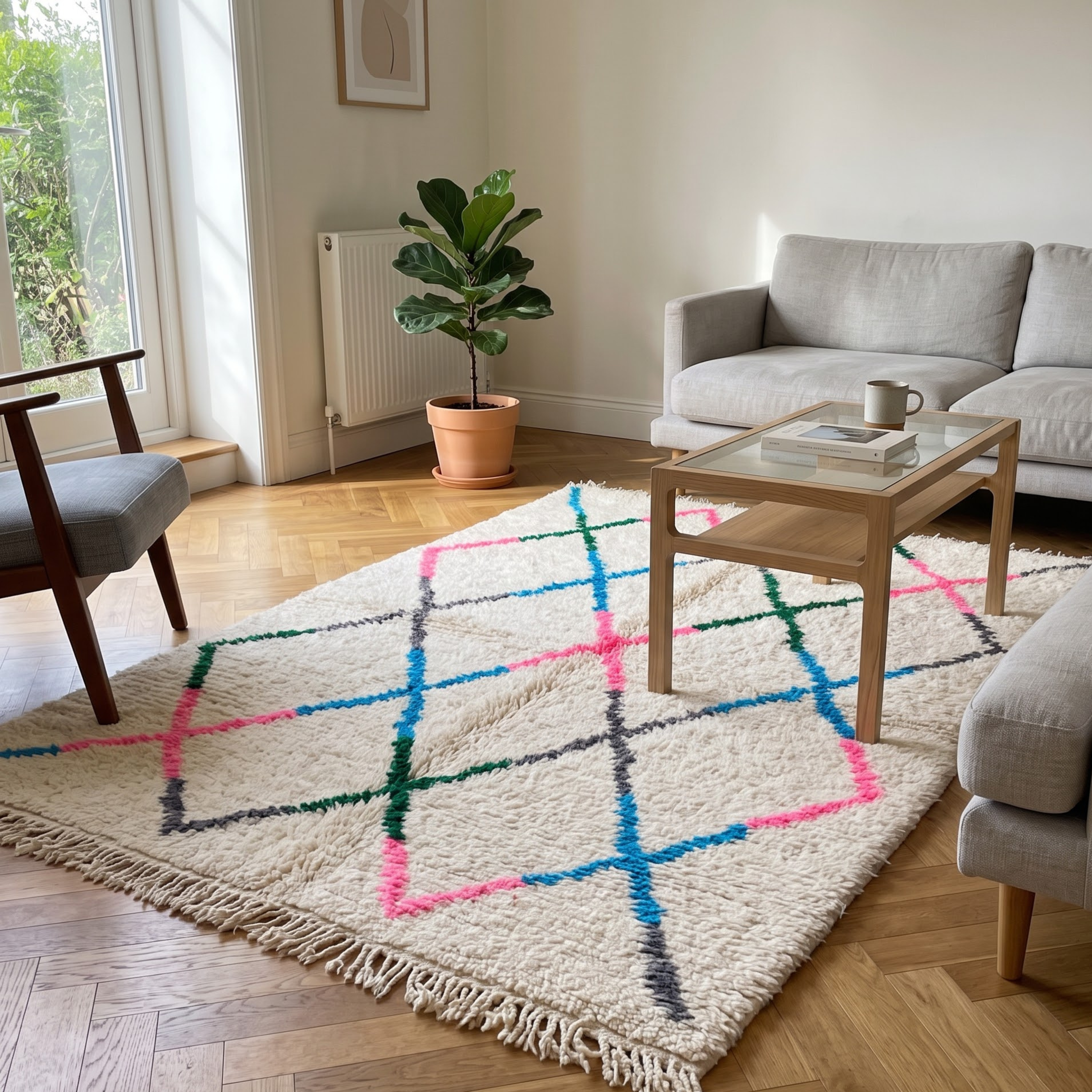 Handmade Moroccan Beni Ourain Wool Rug – Ivory Shag with Multicolor Diamond Trellis