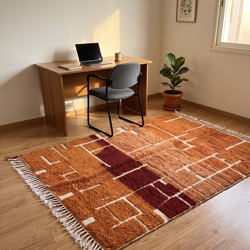 Handmade Moroccan Wool Rug – Terracotta, Ochre & Brick Red Geometric Block Shag Rug
