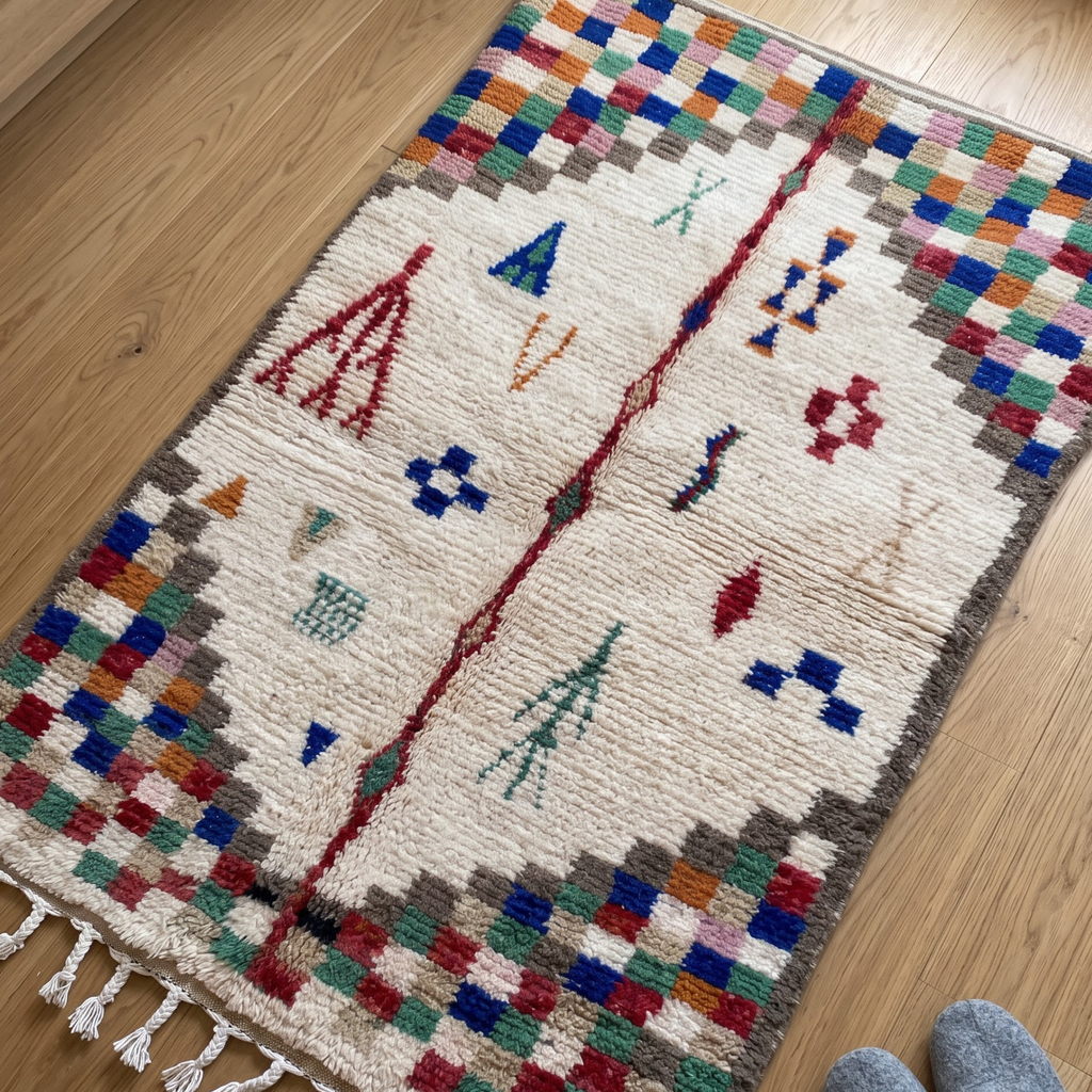 Handmade Moroccan Azilal Wool Rug – Cream Shag with Multicolor Pixel Checkerboard