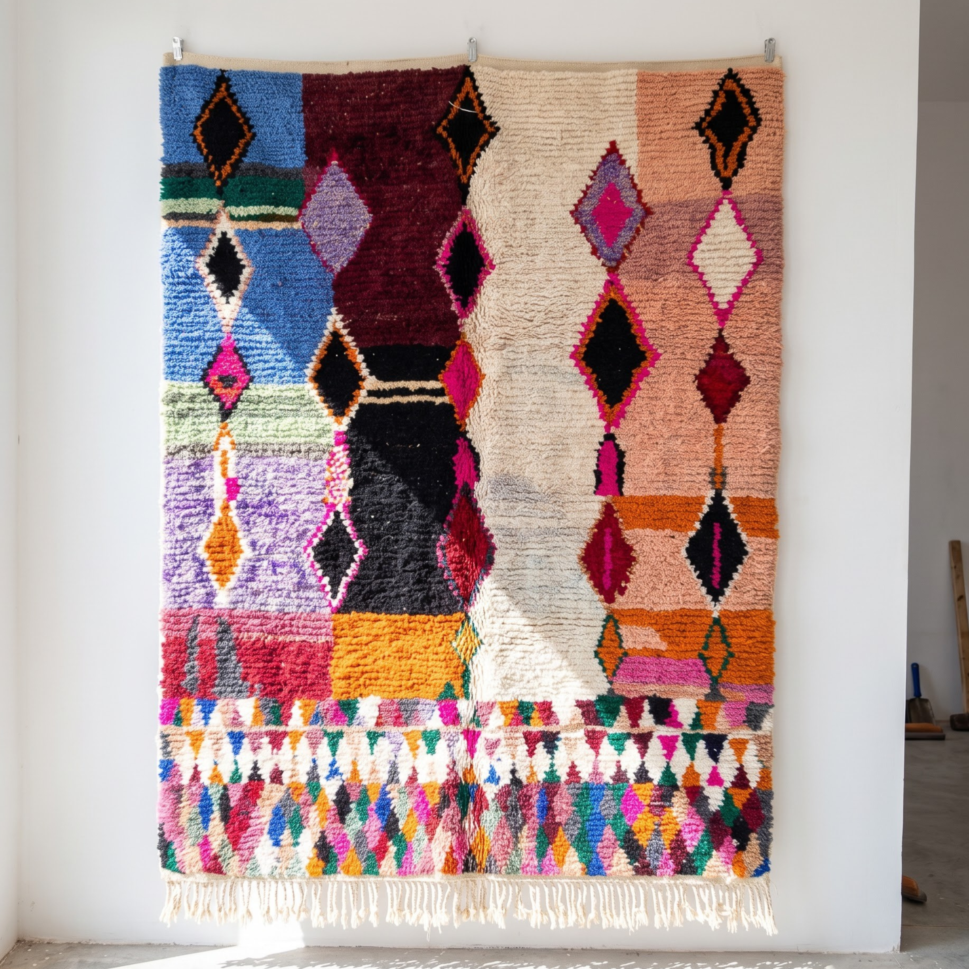 Handmade Moroccan Azilal Wool Rug – Pastel & Jewel Tone Color-Block Shag Rug