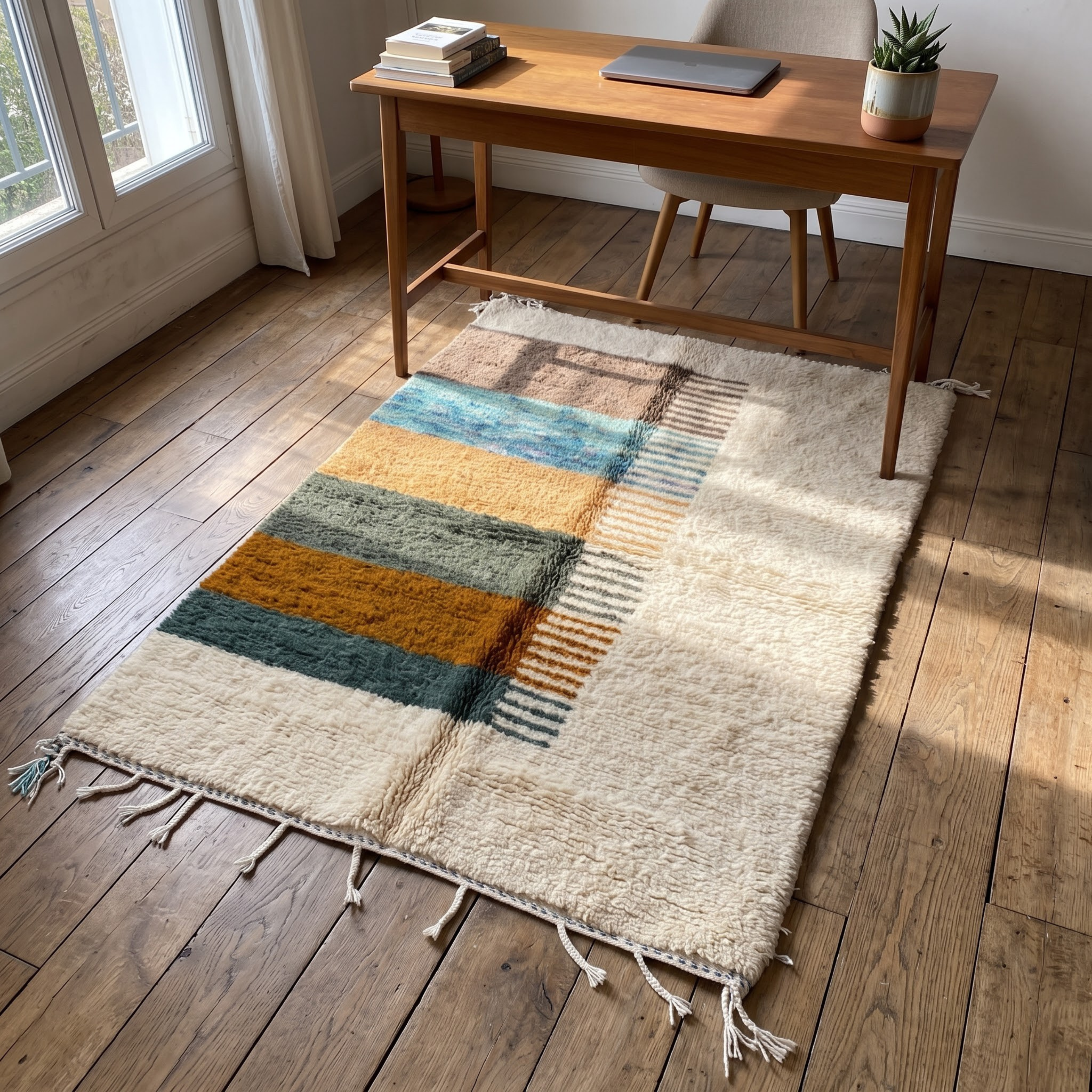 Hand-Knotted Moroccan Area Rug in Natural Cream with Striped Earth Panel