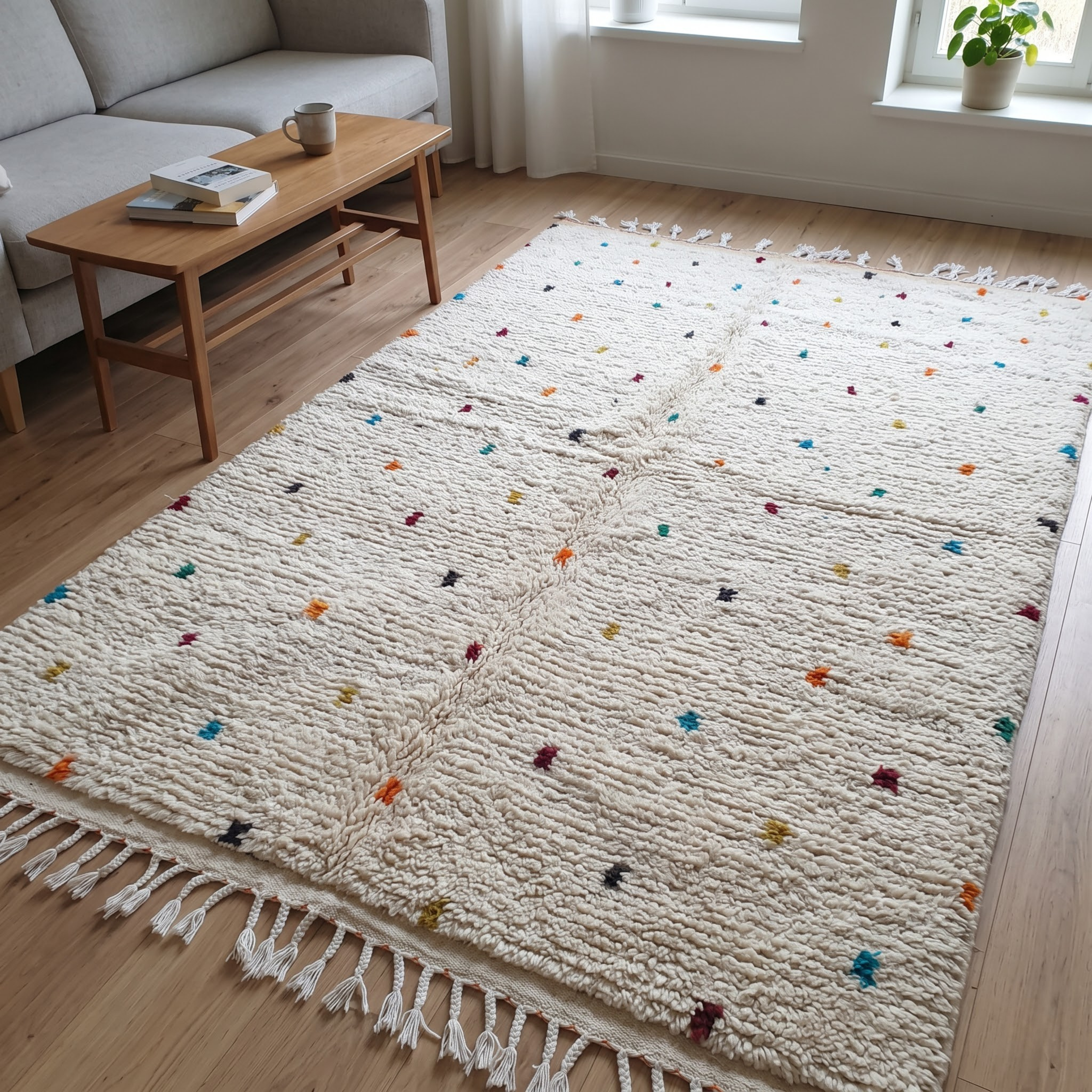 Handmade Moroccan Beni Ourain Wool Rug – Ivory Shag with Multicolor Confetti Polka Dots