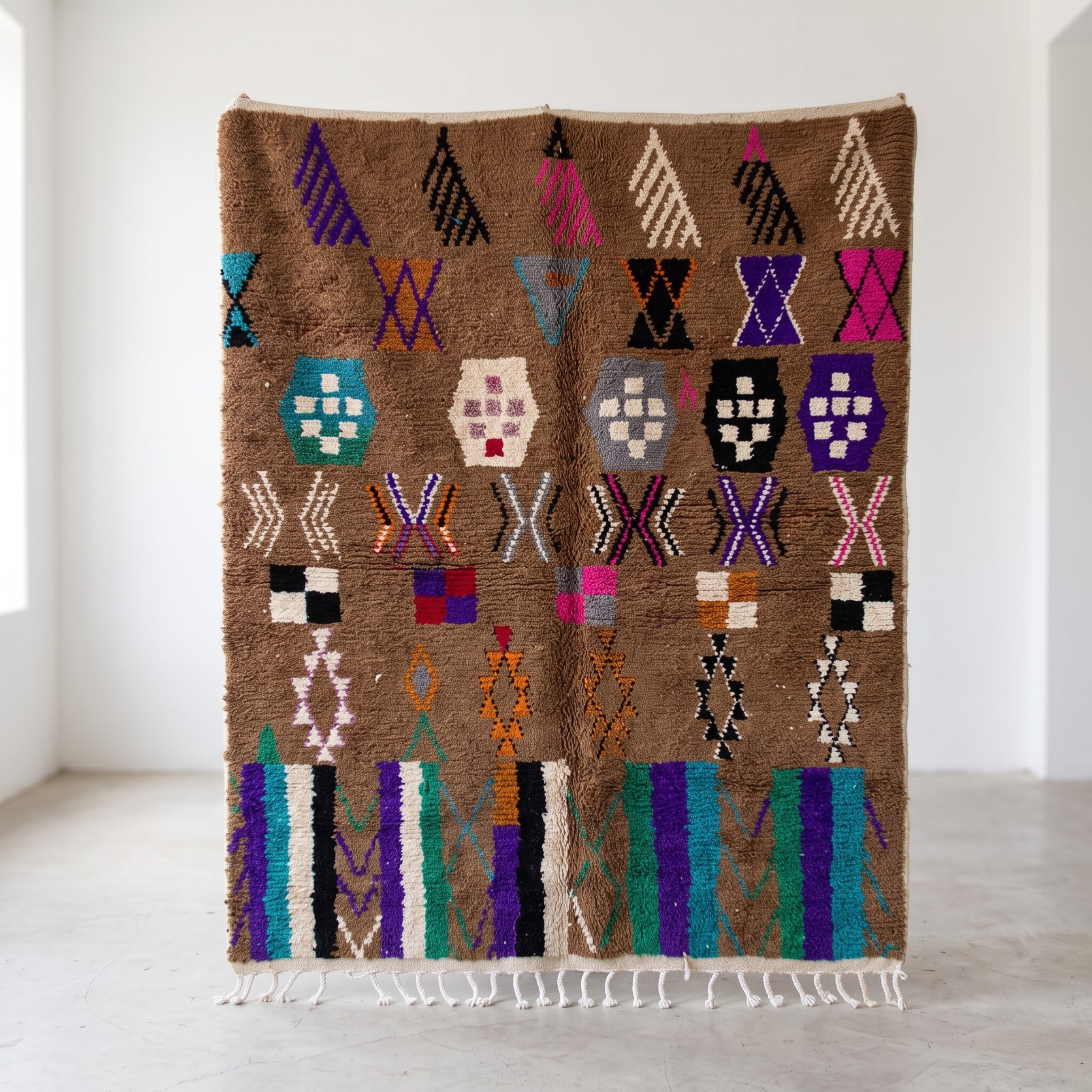 Handmade Moroccan Azilal Wool Rug – Cocoa Brown Shag with Multicolor Tribal Symbols