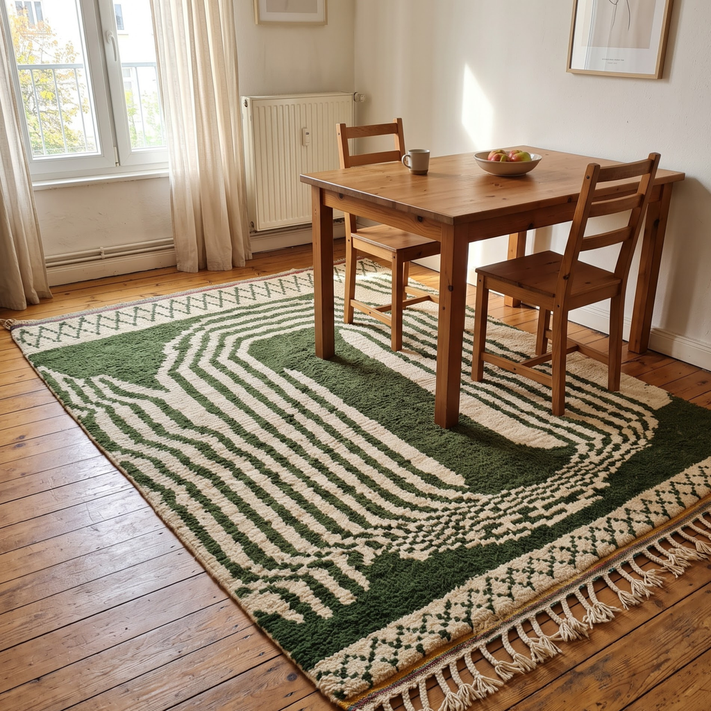 Handmade Moroccan Olive Green & Ivory Wool Rug – Architectural Arch & Wave Shag Rug