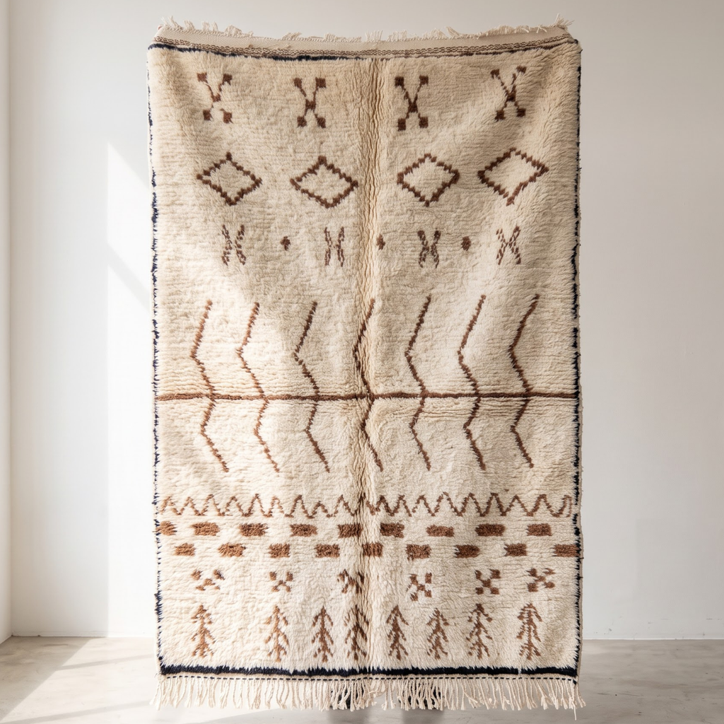Handmade Moroccan Beni Ourain Wool Rug – Ivory Shag with Brown Tribal Talismans