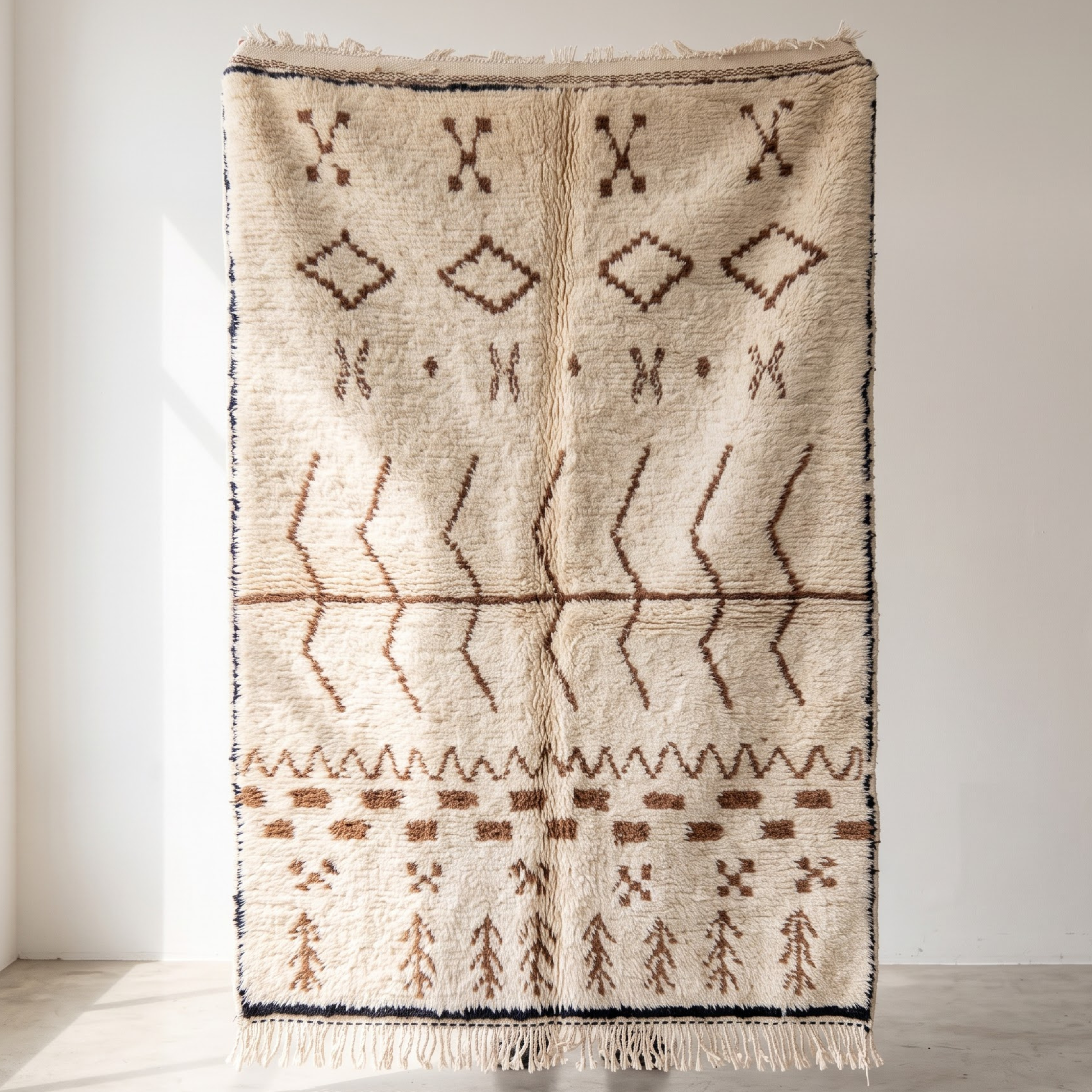 Handmade Moroccan Beni Ourain Wool Rug – Ivory Shag with Brown Tribal Talismans
