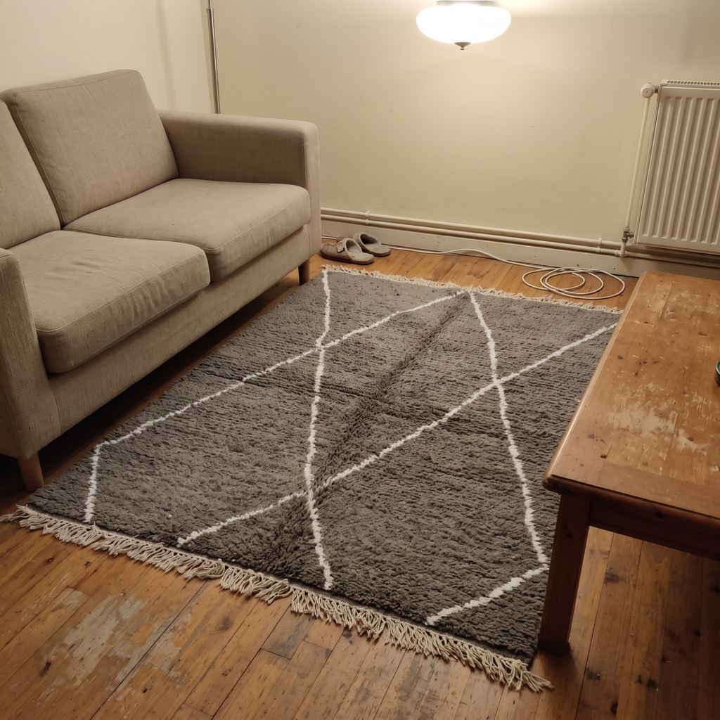 Handmade Moroccan Beni Ourain Rug – Charcoal Gray & White Diamond Shag Wool Rug