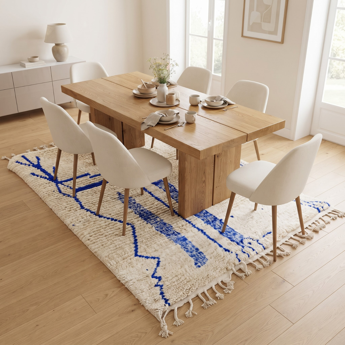 Handmade Moroccan Wool Rug Azilal Style | Cobalt Majorelle Blue Abstract Motifs on Cream Atlas Carpet