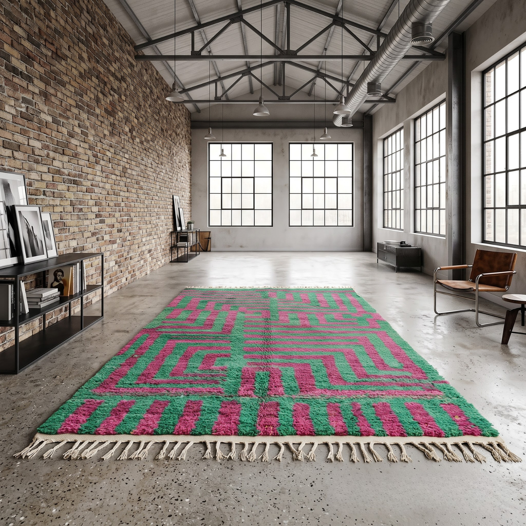 Handmade Moroccan Wool Rug Boujaad / Azilal Style | Emerald Green & Magenta Geometric Maze Atlas Carpet