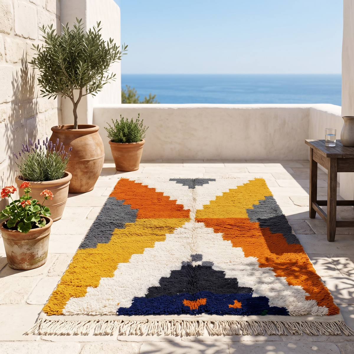 Handmade Moroccan Wool Rug Azilal Style | Stepped Geometric Diamond in Terracotta, Mustard & Slate Grey Atlas Carpet