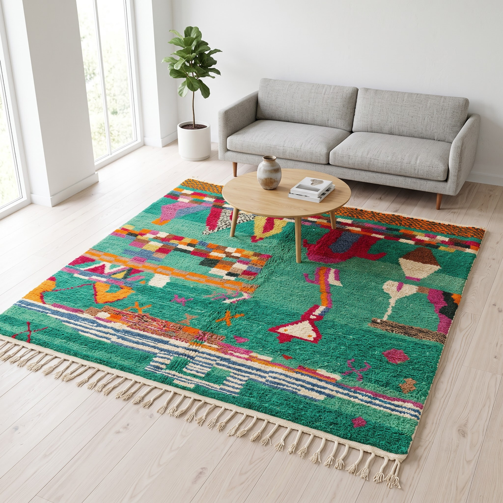 Handmade Moroccan Wool Rug Azilal Style | Emerald Green with Multicolor Tribal Berber Symbols Atlas Carpet