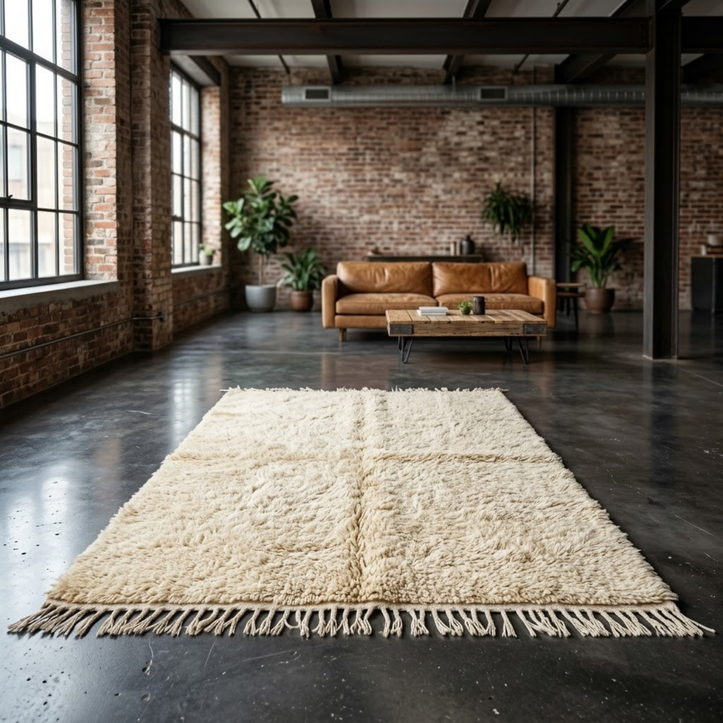 Handmade Moroccan Wool Rug Plain Beni Ourain Style | Solid Natural Sand & Cream High-Pile Atlas Carpet