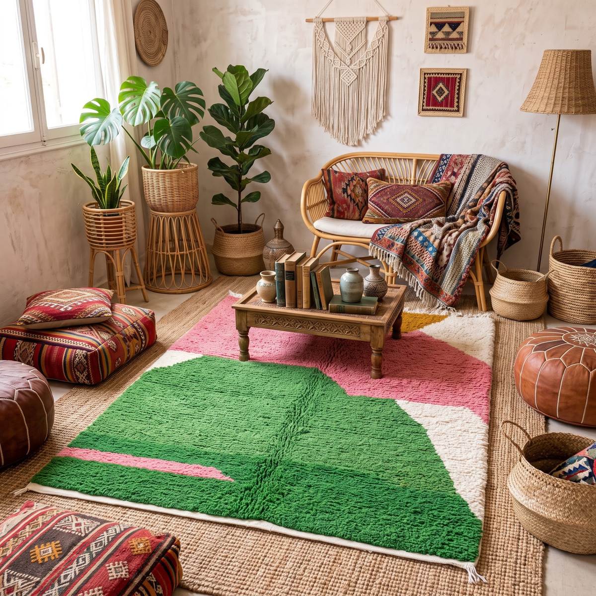 Handmade Moroccan Wool Rug Azilal Style | Abstract Organic Color Block in Blush Pink, Green & Mustard Atlas Carpet
