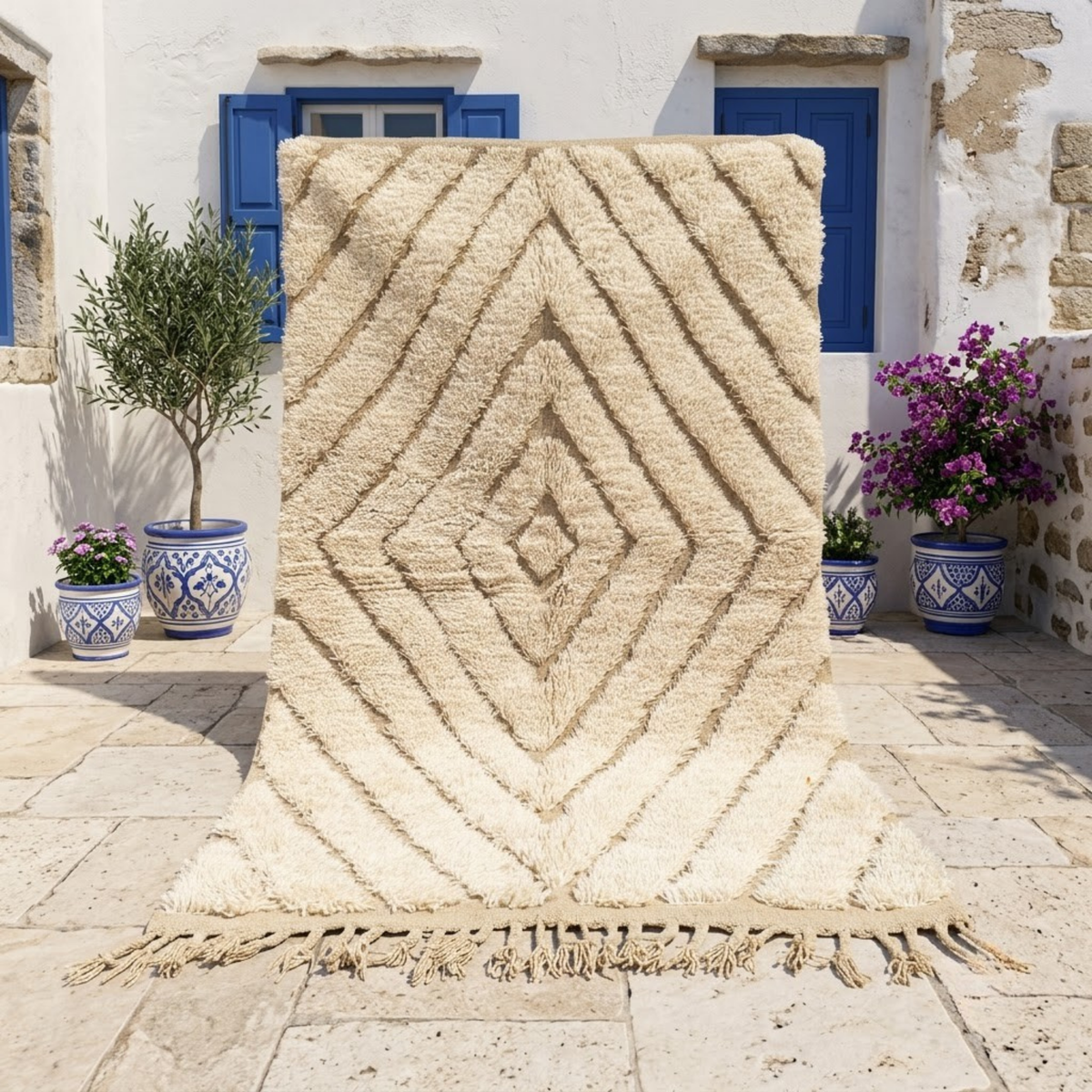 Handmade Moroccan Wool Rug Beni Ourain Style | High-Low 3D Concentric Diamond Pattern in Sand Beige & Ivory