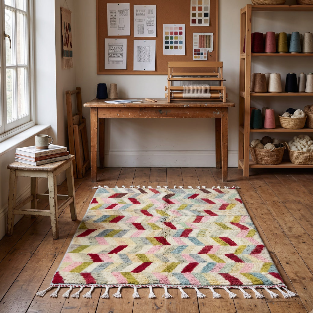 Handmade Moroccan Wool Rug Azilal / Boujaad Style | Multicolor Herringbone Chevron Pattern Atlas Carpet