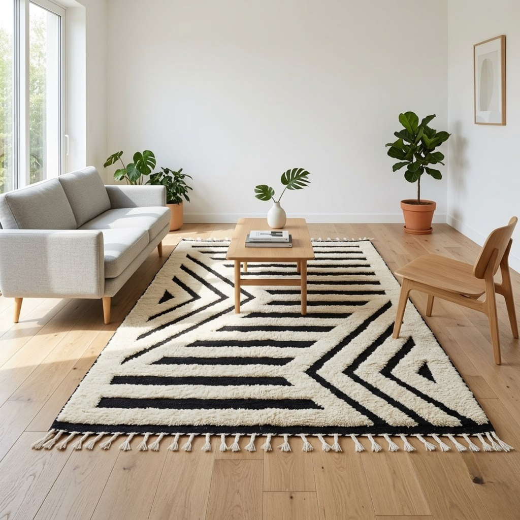 Handmade Moroccan Wool Rug Contemporary Beni Ourain Style | Black & White Striped Chevron Geometric Atlas Carpet