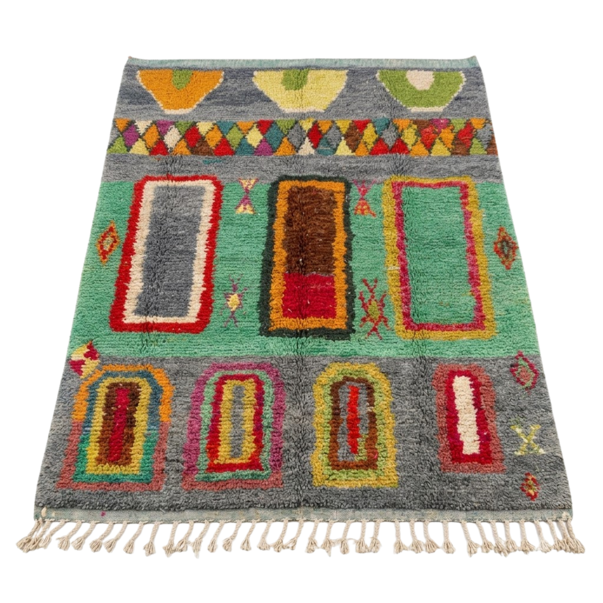 Handmade Moroccan Wool Rug Azilal Style | Architectural Portals & Arches in Slate Grey & Mint Green Atlas Carpet
