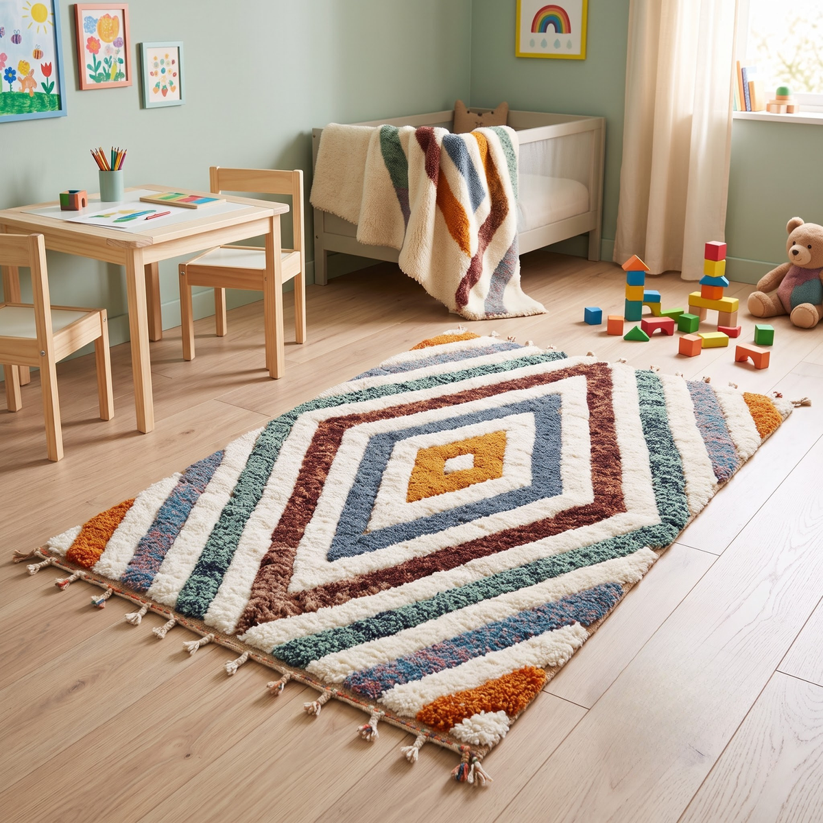Handmade Moroccan Wool Rug Geometric Diamond Prism | Artisanal Atlas Berber Shag Carpet