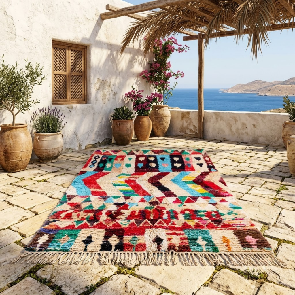 Handmade Moroccan Wool Rug Azilal Style | Vibrant Multicolor Tribal Chevron & Talisman Atlas Carpet