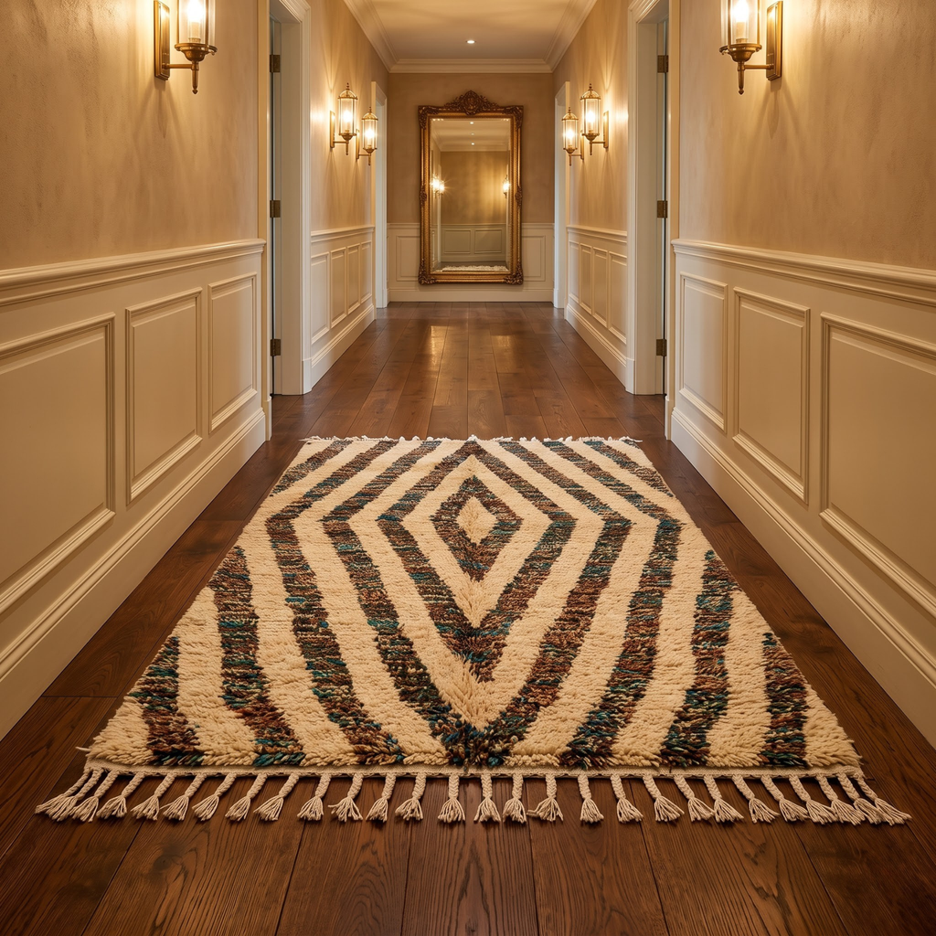 Handmade Moroccan Wool Rug Concentric Heathered Diamond Pattern | Natural Earth Tone Atlas Berber Carpet