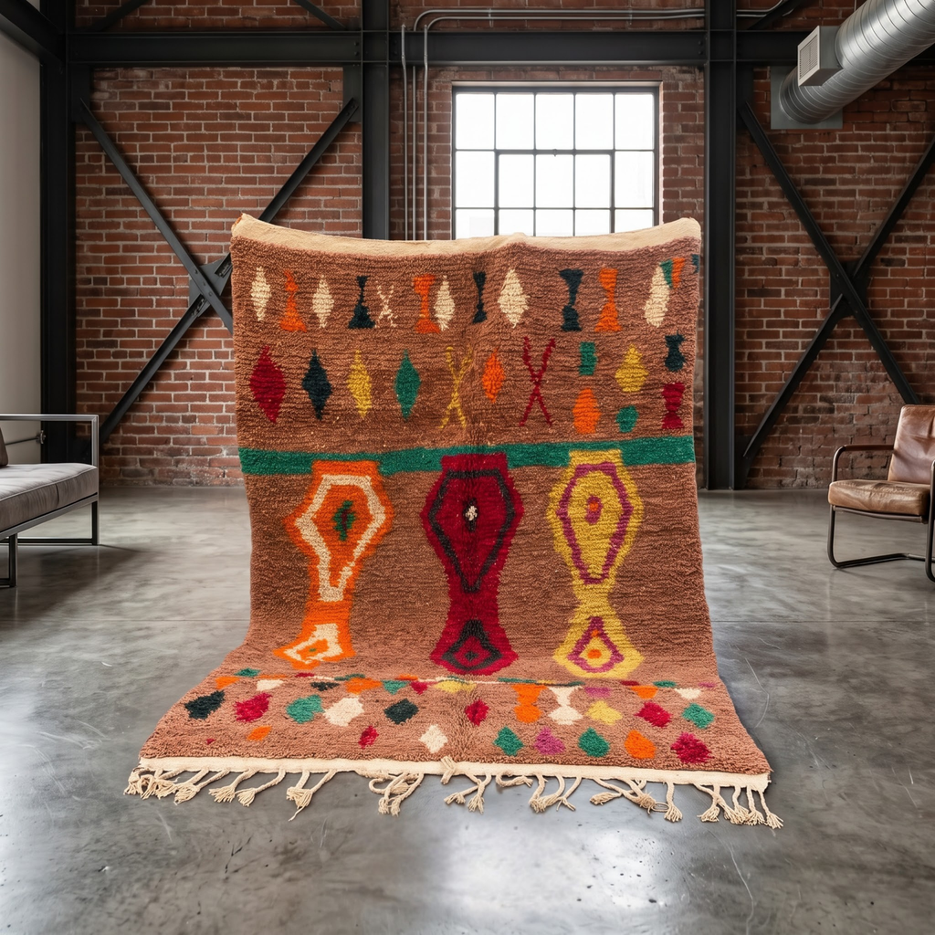Handmade Moroccan Wool Rug Azilal / Boujaad Style | Mocha Brown Field with Tribal Urn & Talisman Motifs Atlas Carpet
