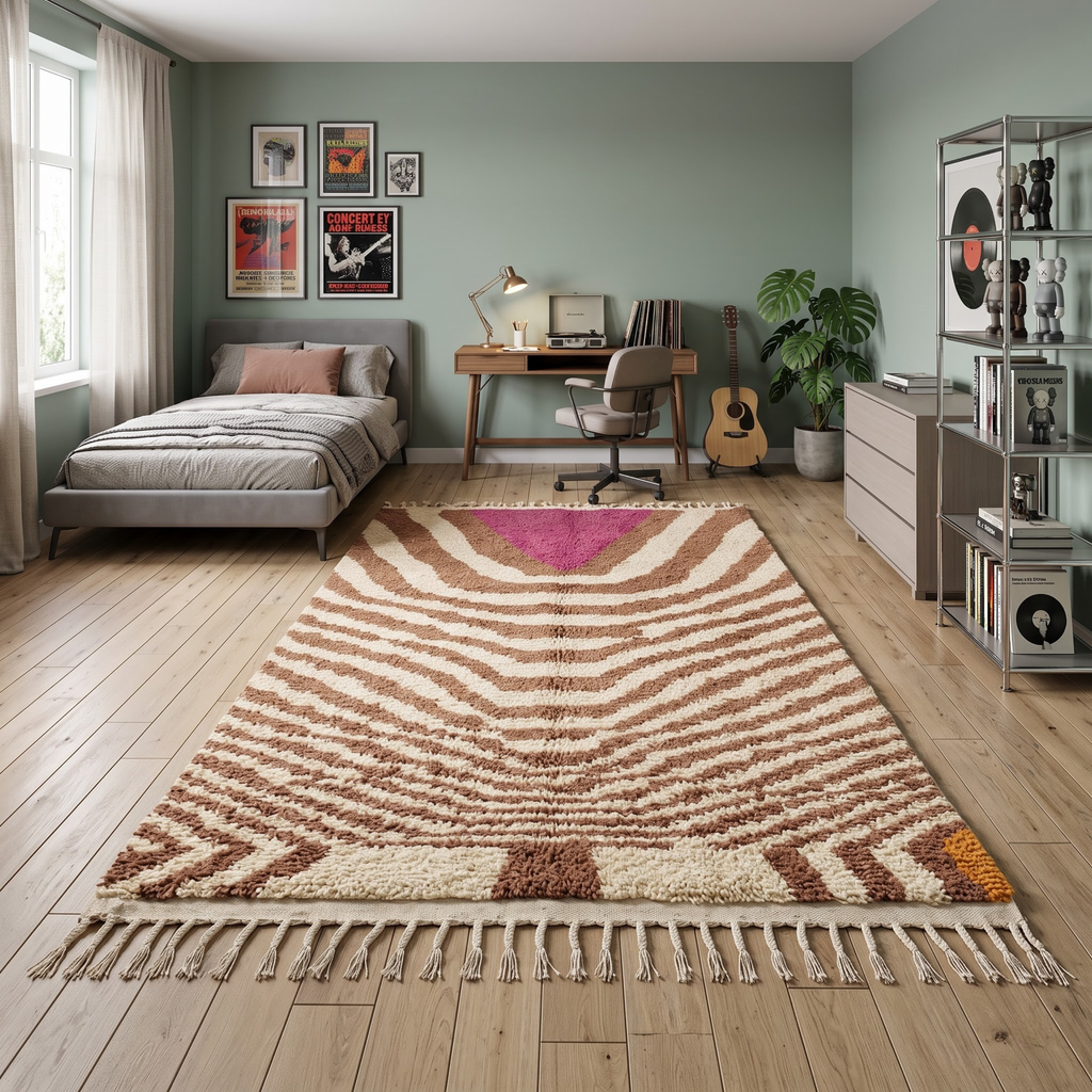 Handmade Moroccan Wool Rug Azilal Style | Caramel Wave Motif with Magenta Focal Point Atlas Carpet