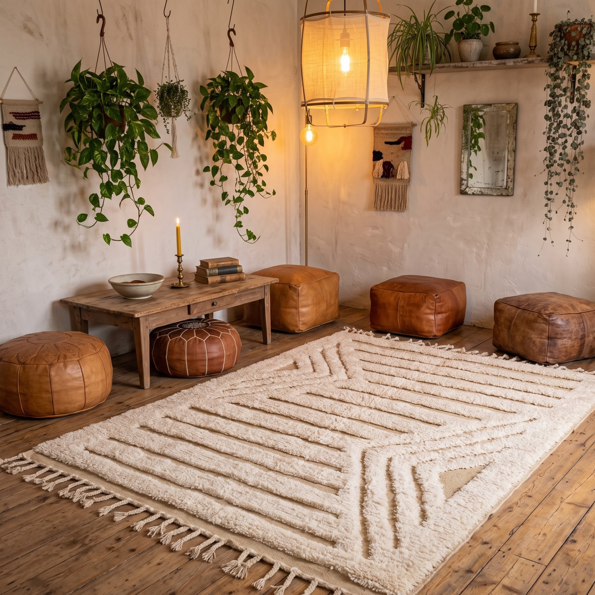 Handmade Moroccan Wool Textured Rug | High-Low Geometric Cream & Sand Atlas Berber Carpet