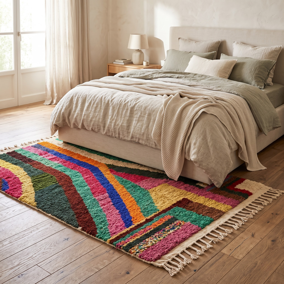 Handmade Moroccan Wool Rug Azilal Style | Vibrant Multicolor Striped & Color Block Atlas Carpet