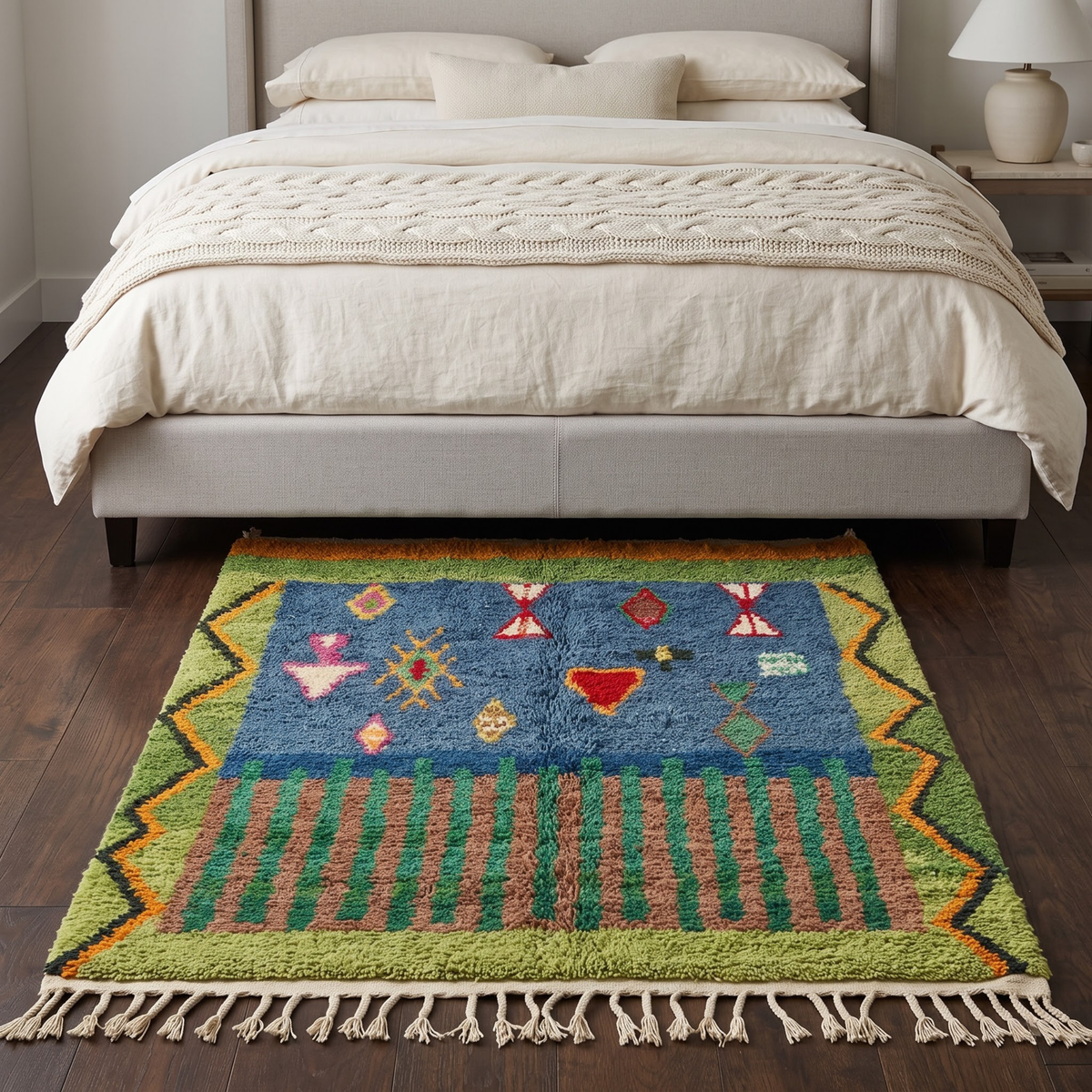 Handmade Moroccan Wool Rug Azilal Style | Starry Atlas Night Sky with Tribal Symbols in Indigo & Green