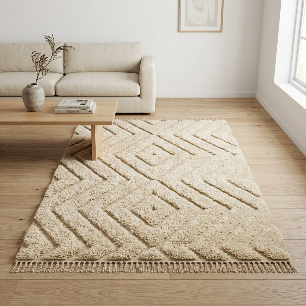 Handmade Moroccan Wool Rug Beni Ourain Style | High-Low 3D Textured Diamond & Chevron Pattern in Sand Beige