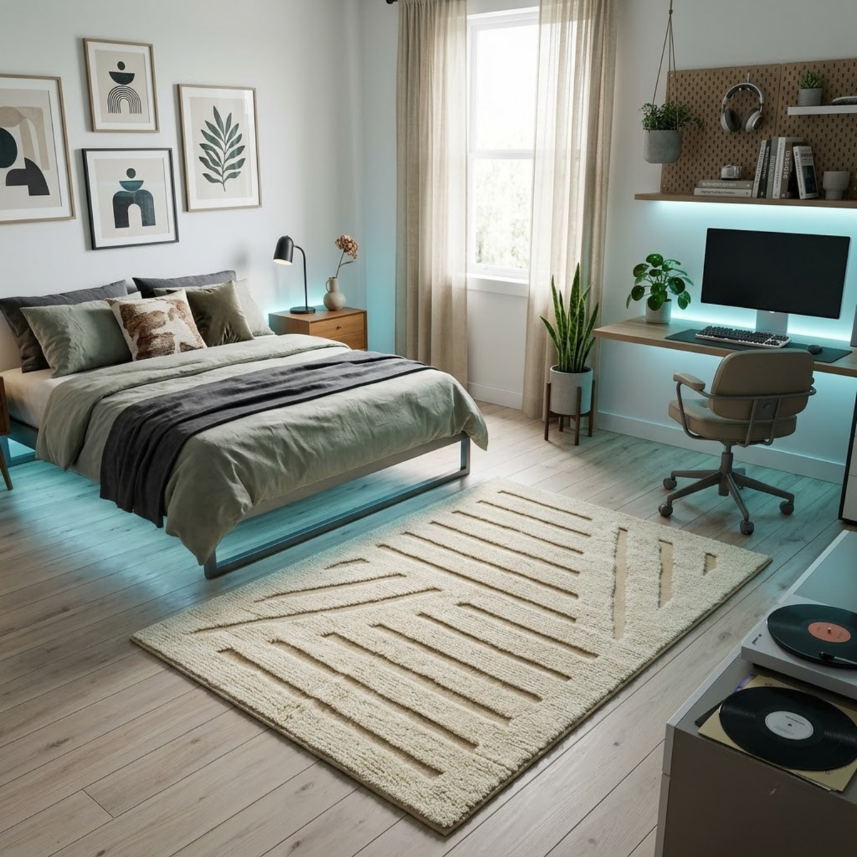Handmade Moroccan Wool Rug Beni Ourain Style | High-Low 3D Geometric Linear Pattern in Cream & Sand