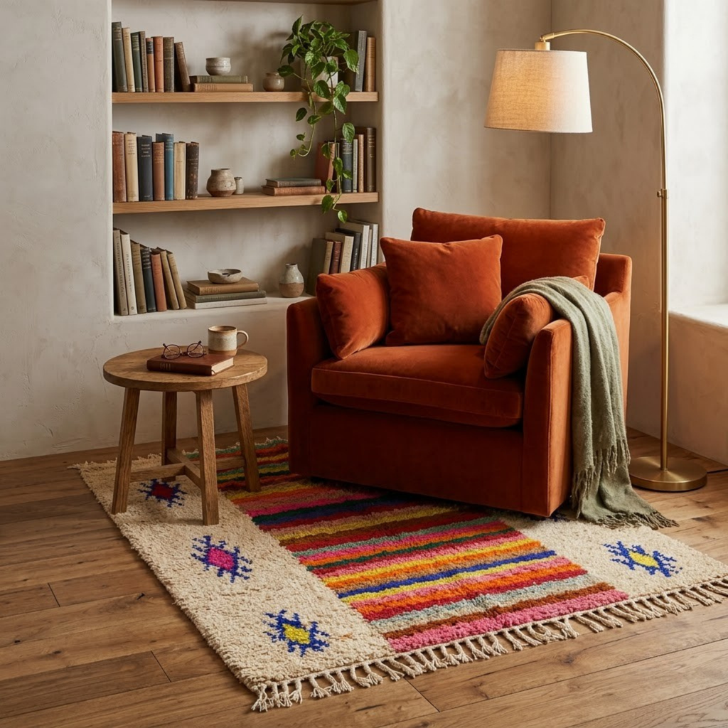 Handmade Moroccan Wool Rug Azilal Style | Multicolor Striped Center & Protective Talismans on Sand Atlas Carpet