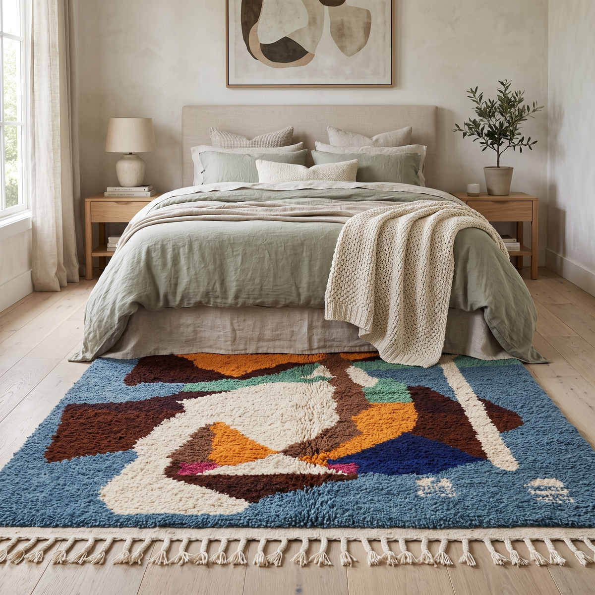 Handmade Moroccan Wool Rug Azilal Style | Abstract Cubist Art Composition in Denim Blue, Ochre & Sage Atlas Carpet