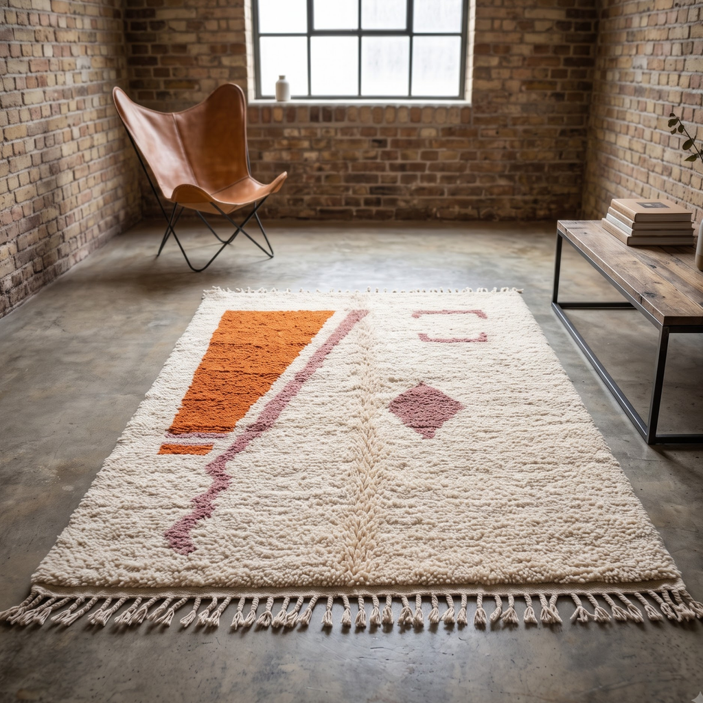 Handmade Moroccan Wool Rug Minimalist Azilal Style | Abstract Geometric Motifs in Terracotta & Dusty Pink Atlas Carpet